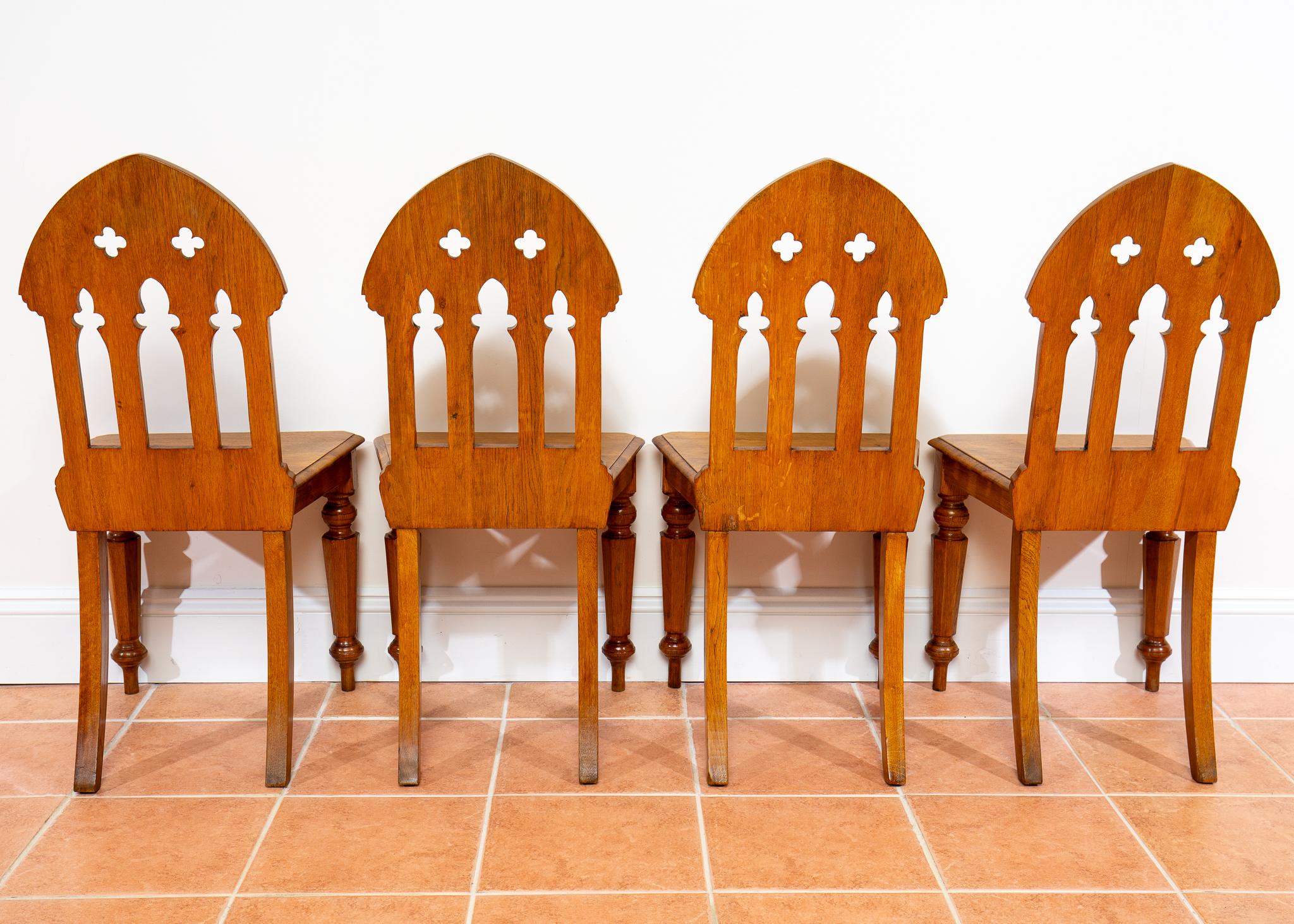 4 Light Golden Oak Hallway Dining Chairs Gothic Steeple Back Antique Pugin Style For Sale 8