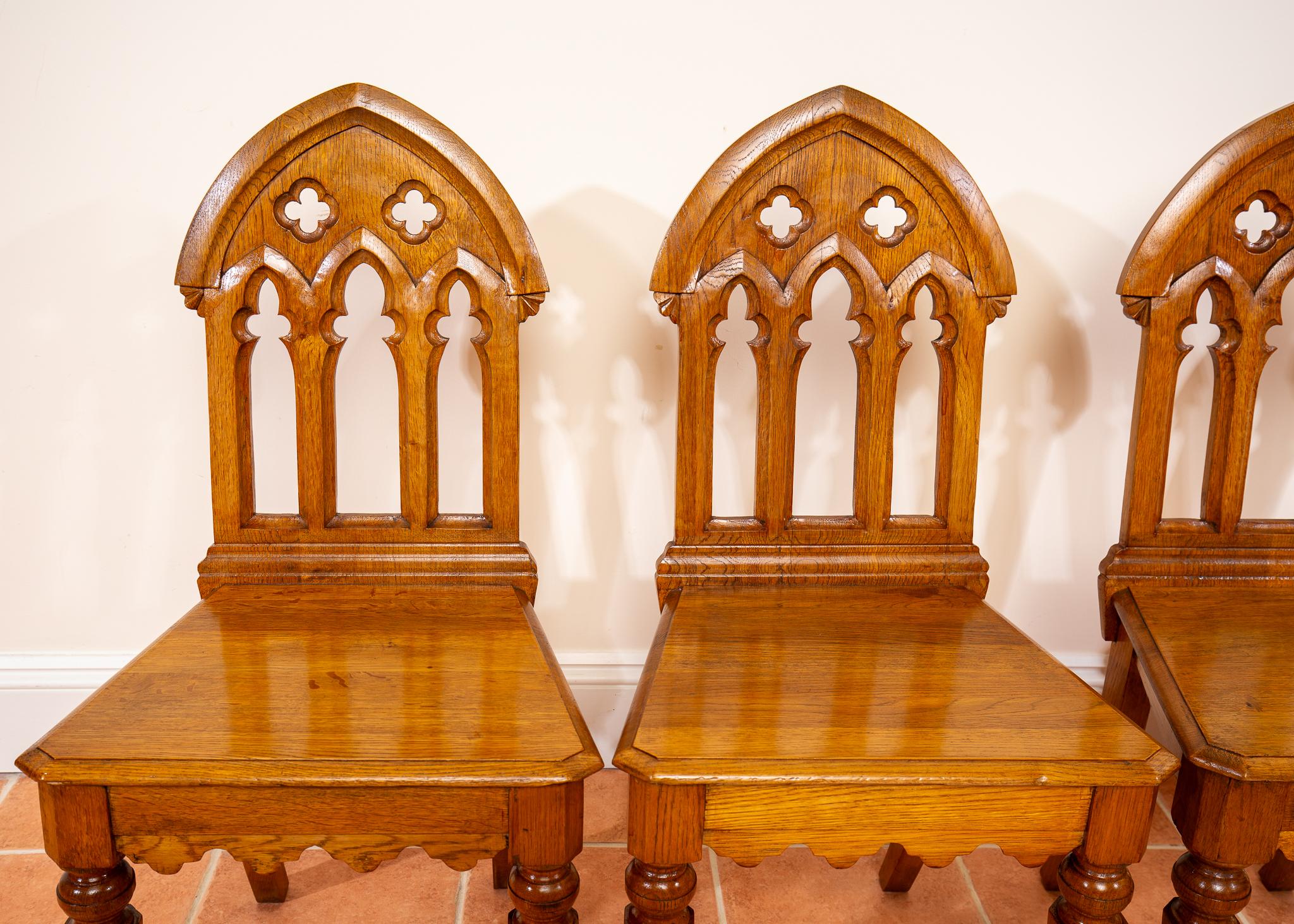 4 Light Golden Oak Hallway Dining Chairs Gothic Steeple Back Antique Pugin Style For Sale 9