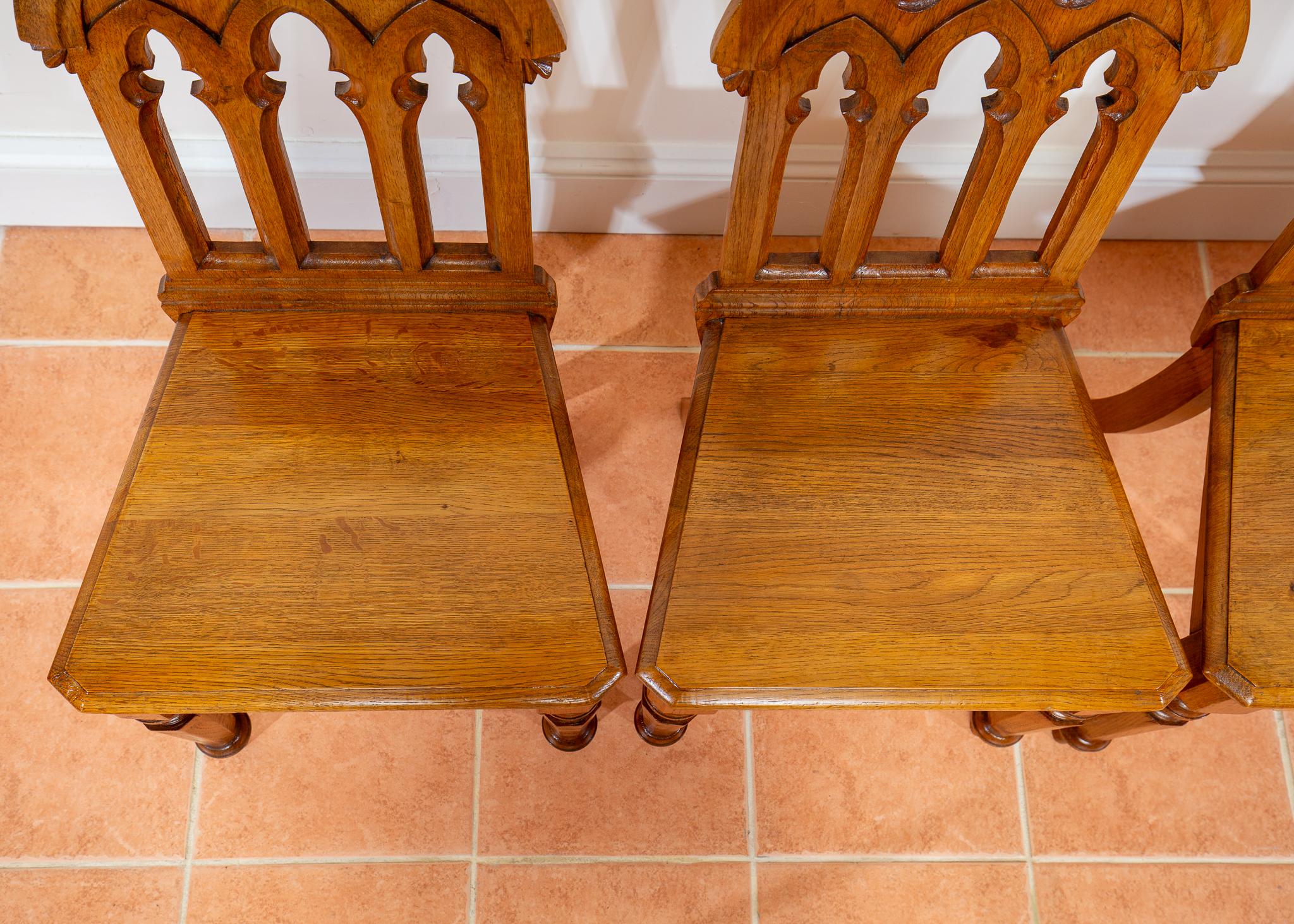4 Light Golden Oak Hallway Dining Chairs Gothic Steeple Back Antique Pugin Style For Sale 11
