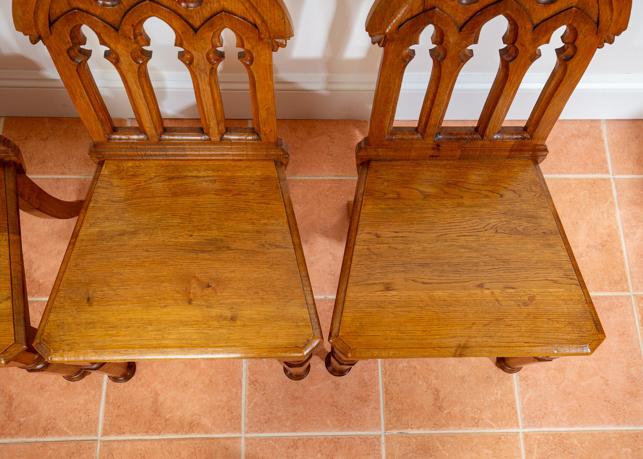 4 Light Golden Oak Hallway Dining Chairs Gothic Steeple Back Antique Pugin Style For Sale 12