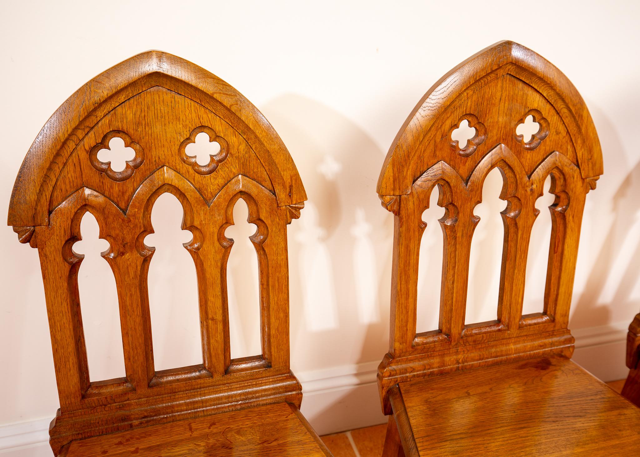 Gothic Revival 4 Light Golden Oak Hallway Dining Chairs Gothic Steeple Back Antique Pugin Style For Sale