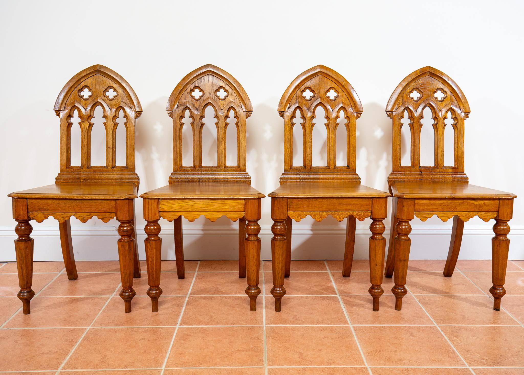 British 4 Light Golden Oak Hallway Dining Chairs Gothic Steeple Back Antique Pugin Style For Sale