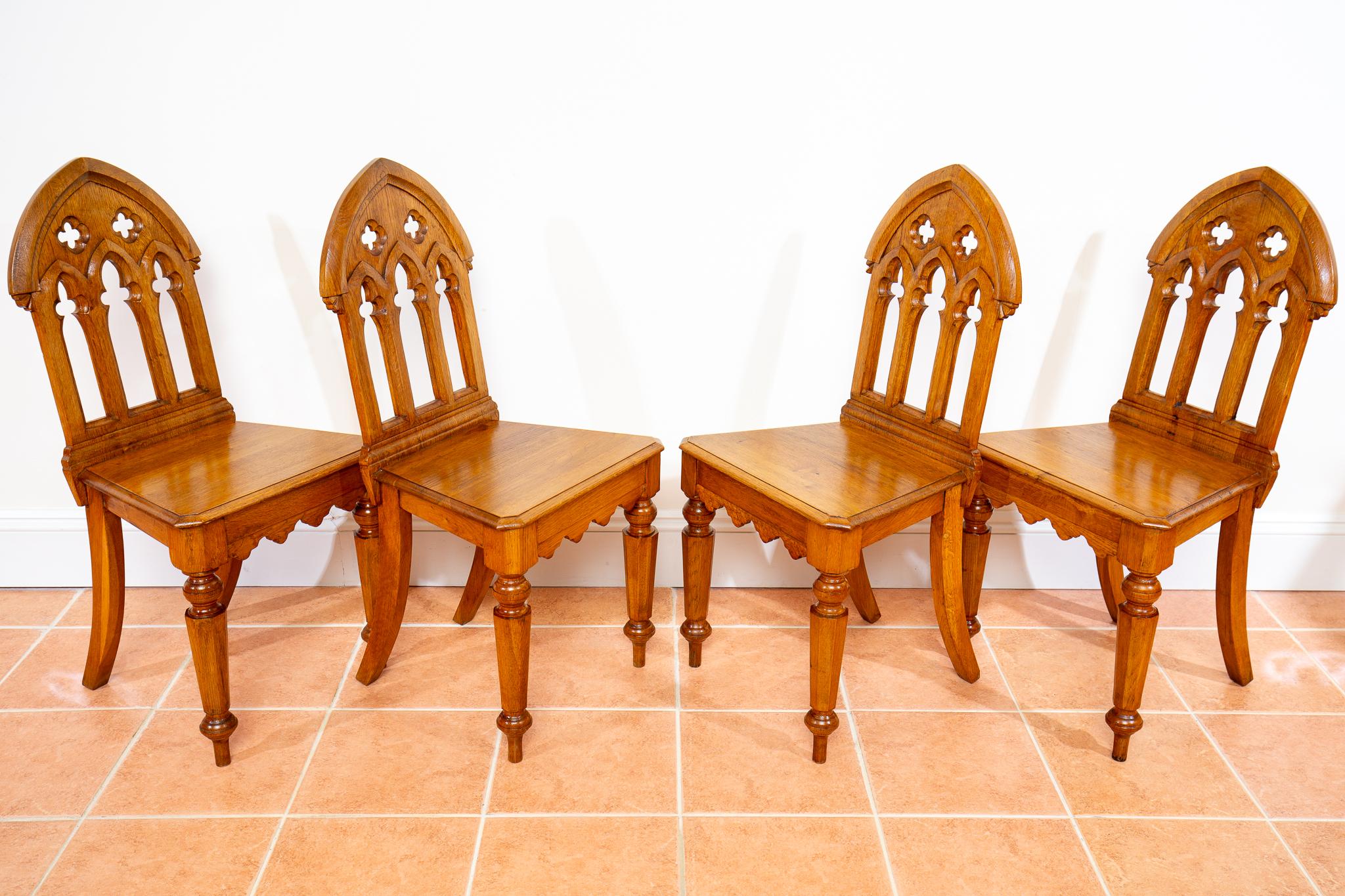 Hand-Carved 4 Light Golden Oak Hallway Dining Chairs Gothic Steeple Back Antique Pugin Style For Sale