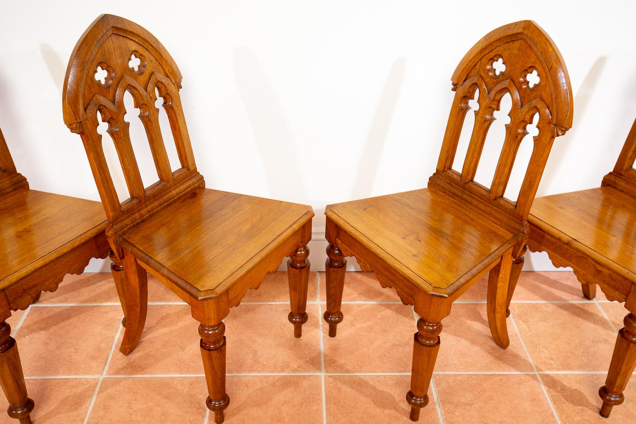 18th Century and Earlier 4 Light Golden Oak Hallway Dining Chairs Gothic Steeple Back Antique Pugin Style For Sale