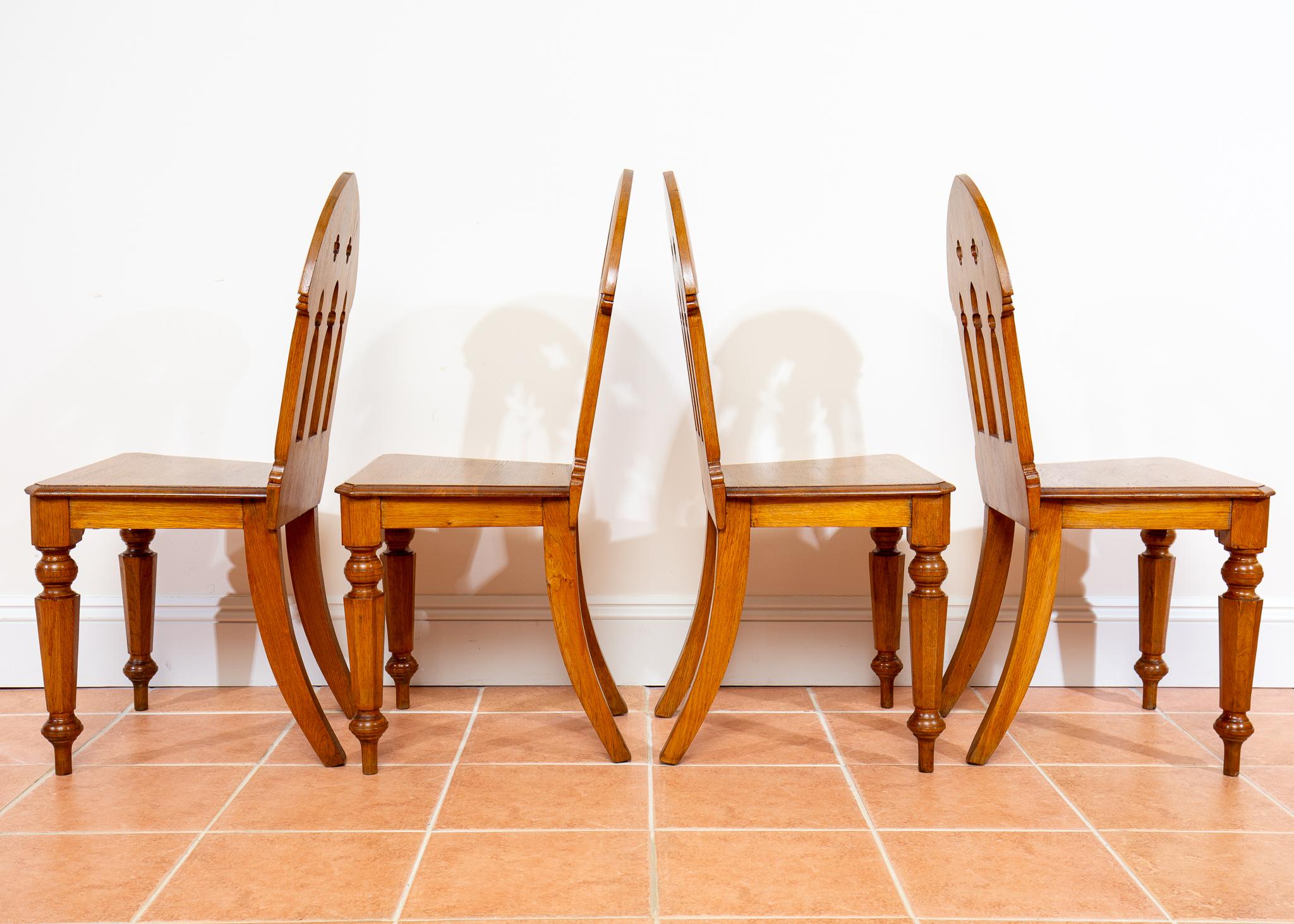 4 Light Golden Oak Hallway Dining Chairs Gothic Steeple Back Antique Pugin Style For Sale 1
