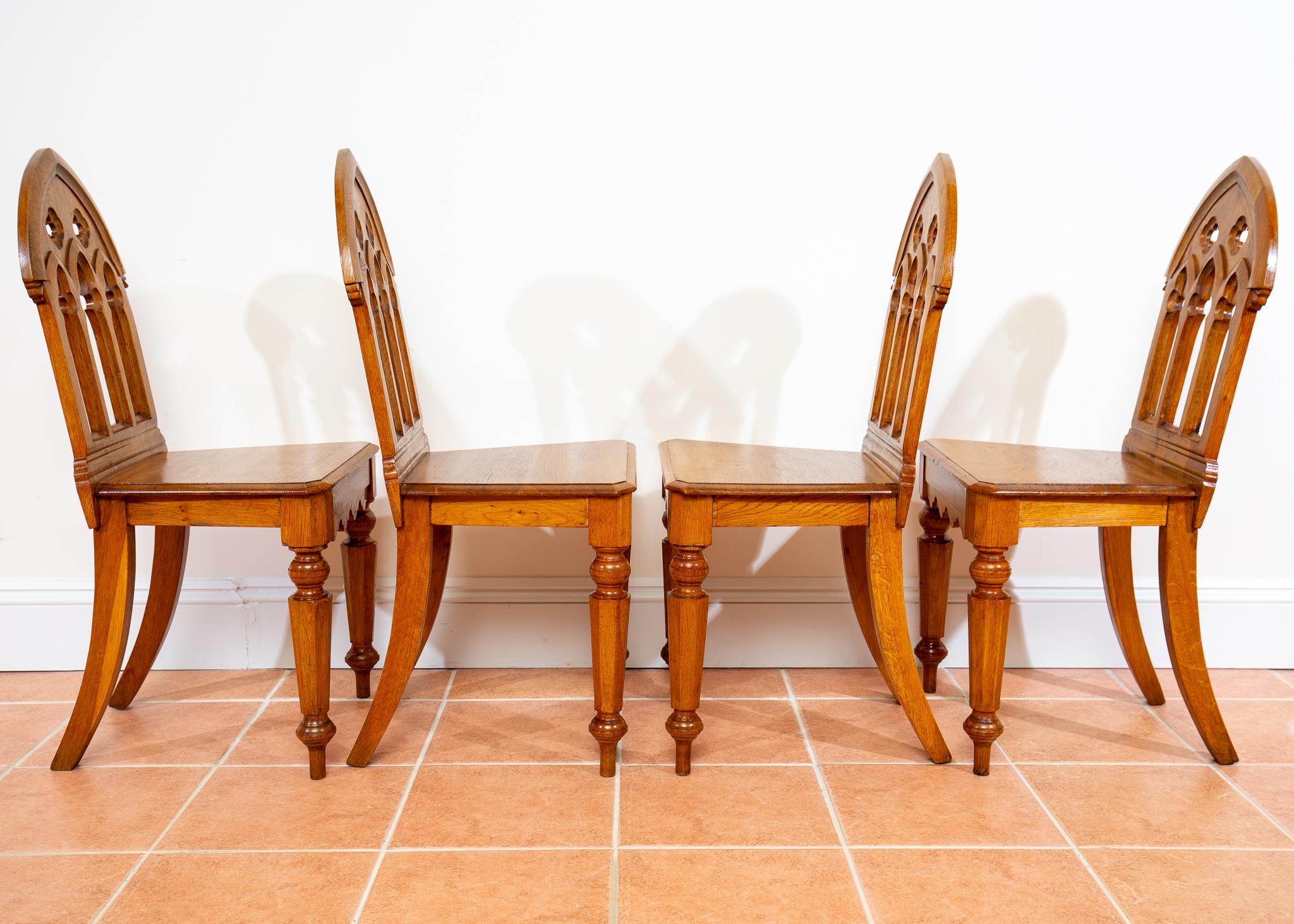 4 Light Golden Oak Hallway Dining Chairs Gothic Steeple Back Antique Pugin Style For Sale 2