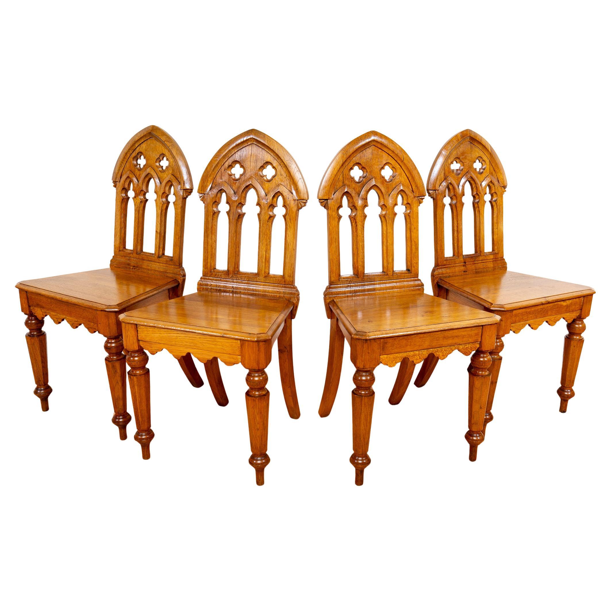 4 Light Golden Oak Hallway Dining Chairs Gothic Steeple Back Antique Pugin Style For Sale