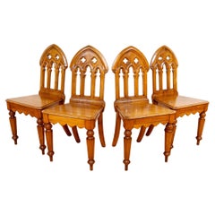 4 Light Golden Oak Hallway Dining Chairs Gothic Steeple Back Antique Pugin Style