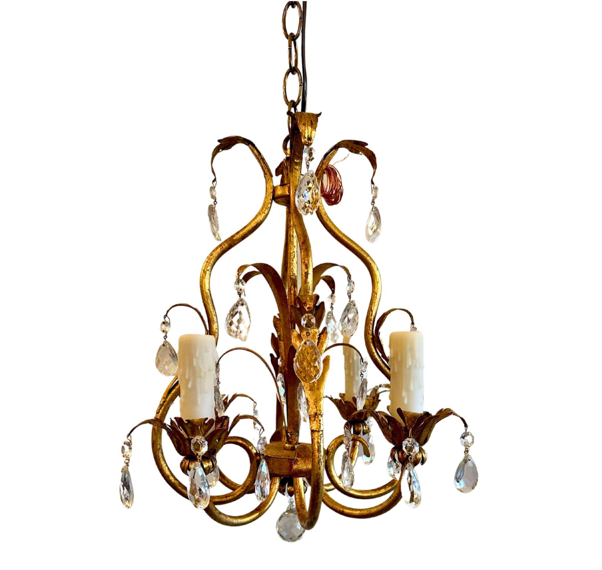 All original 1920s 4 light Italian gold chandelier with crystal