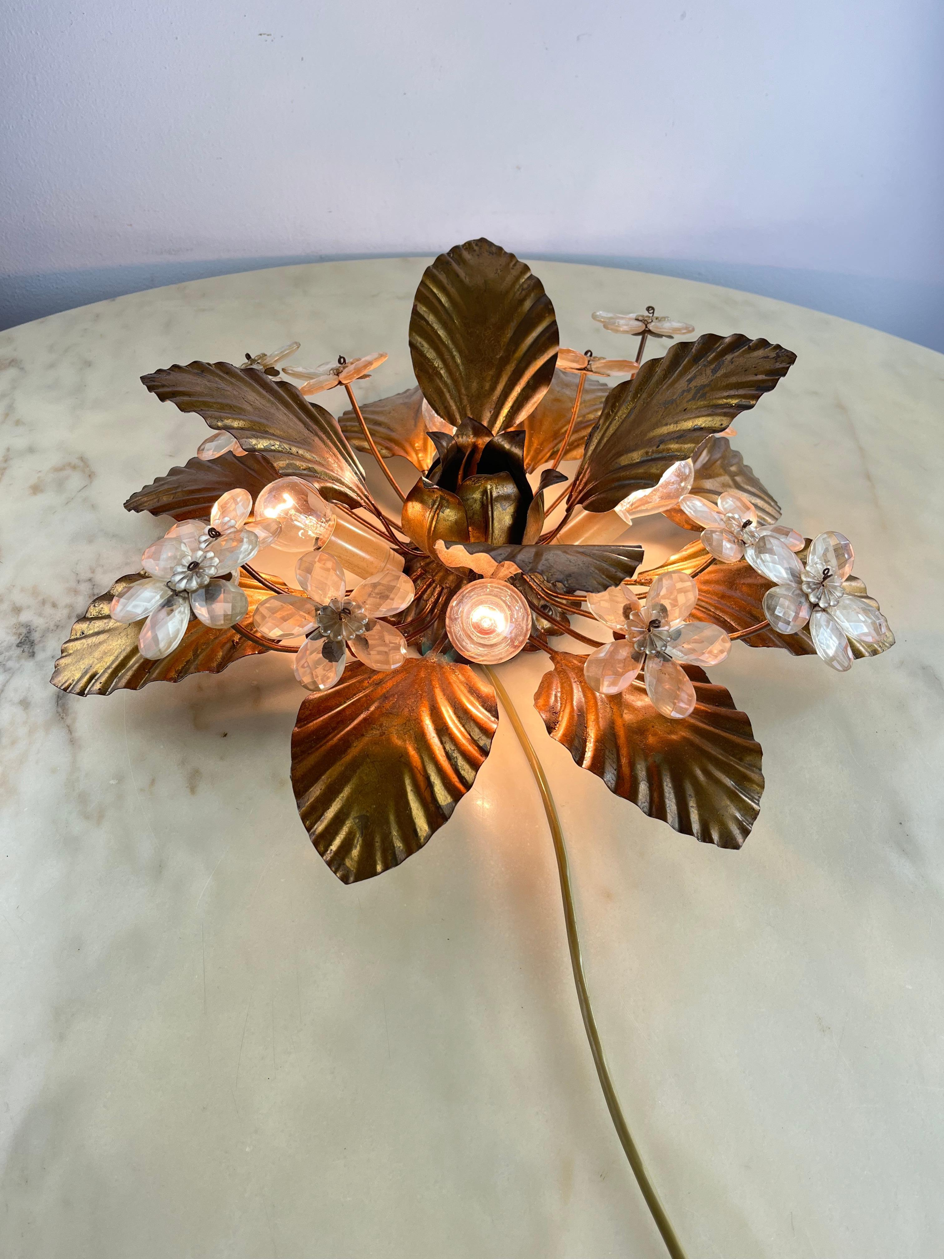French 4-light Maison Baguès Mid-Century Crystal Flower Ceiling Light 1960s For Sale