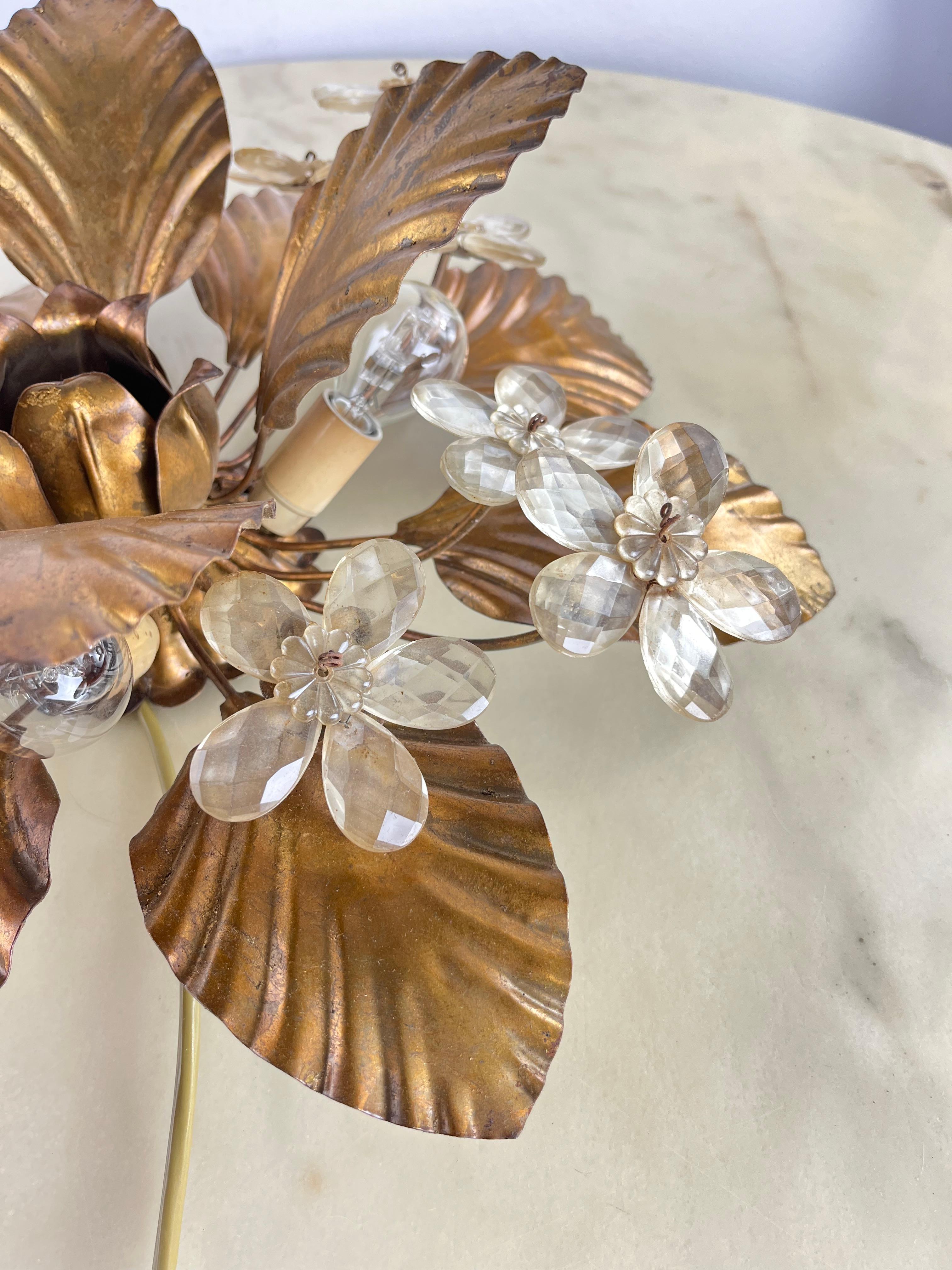 4-Licht Maison Baguès Mid-Century Crystal Flower Ceiling Light 1960s (Metall)