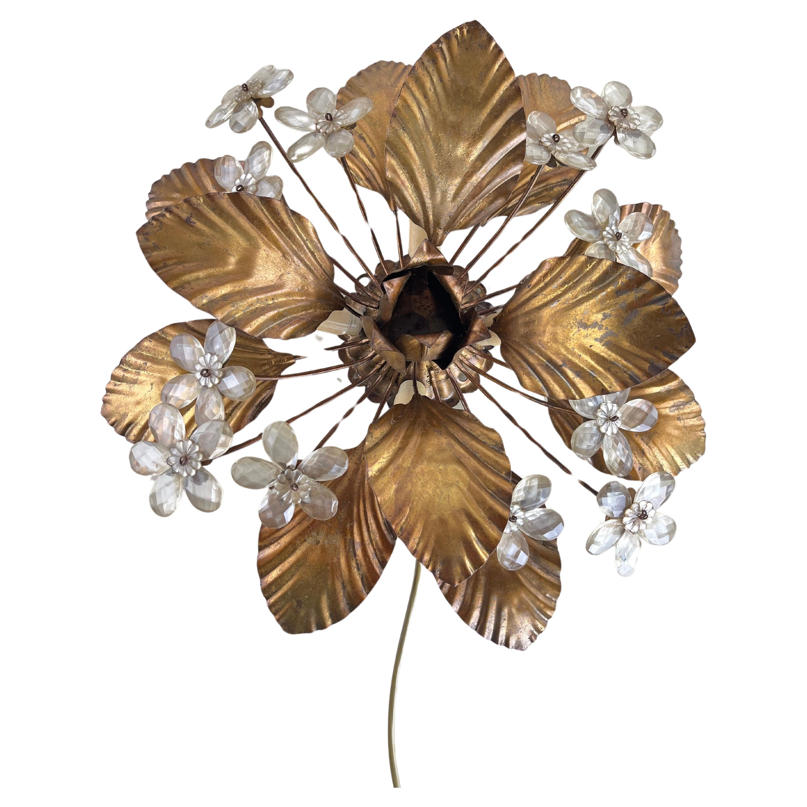 4-light Maison Baguès Mid-Century Crystal Flower Ceiling Light 1960s For Sale