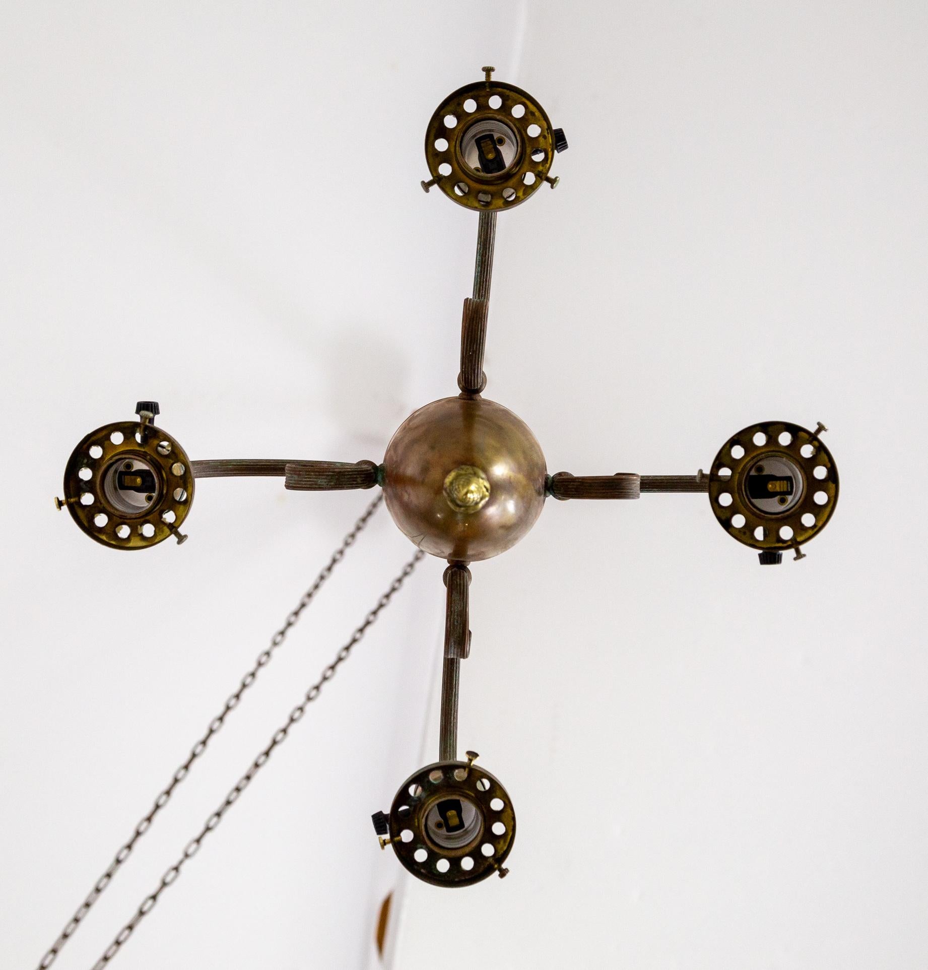 4-Light Patinated Chandelier w/ Reeded C-Curve Arms & Etched Shades For Sale 4