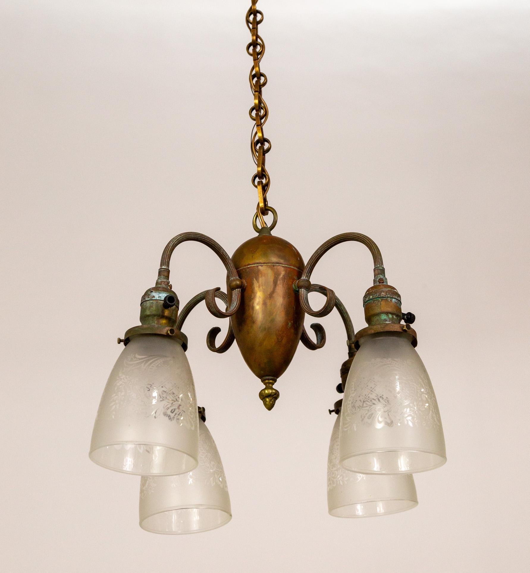4-Light Patinated Chandelier w/ Reeded C-Curve Arms & Etched Shades For Sale 5