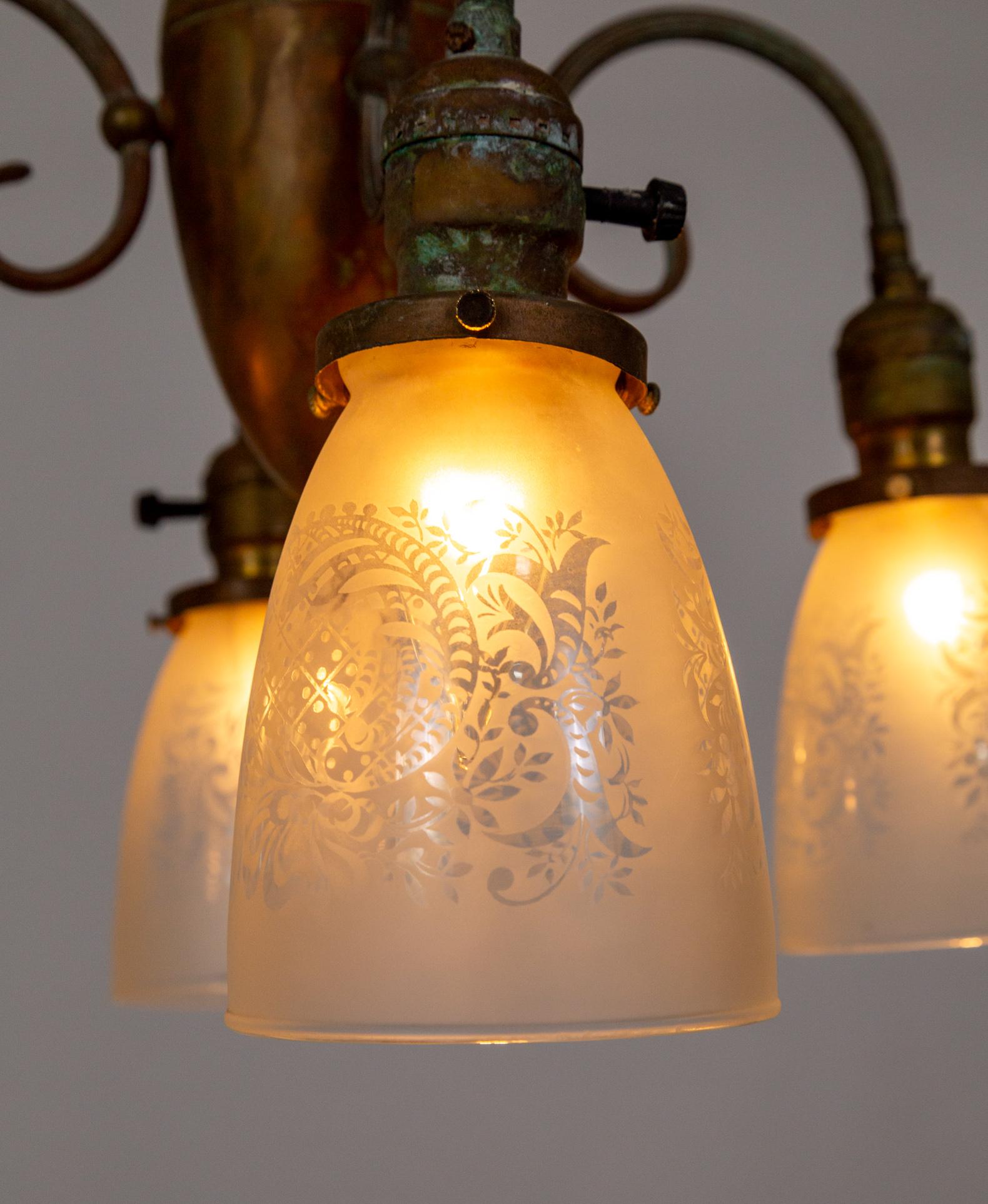 4-Light Patinated Chandelier w/ Reeded C-Curve Arms & Etched Shades For Sale 6
