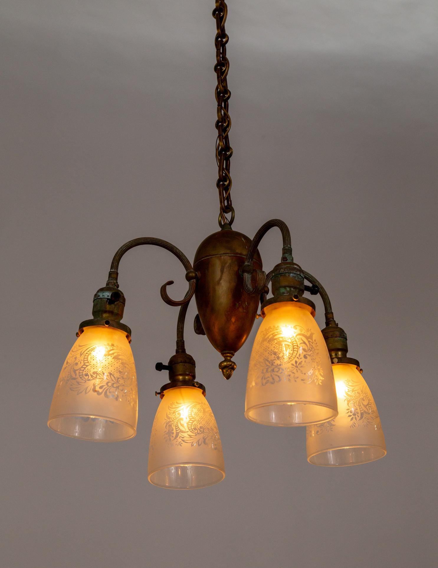 4-Light Patinated Chandelier w/ Reeded C-Curve Arms & Etched Shades For Sale 8