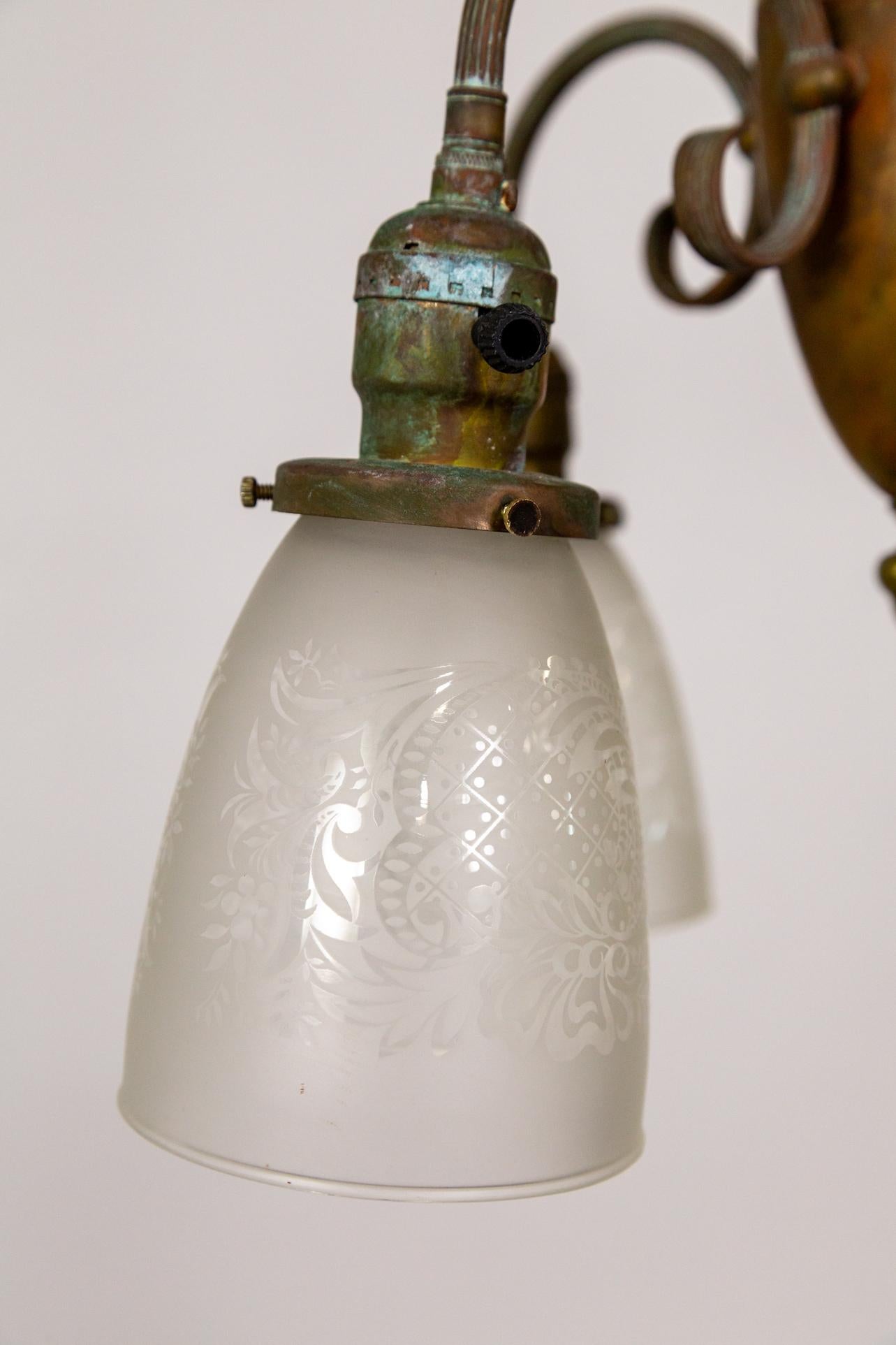 Late Victorian 4-Light Patinated Chandelier w/ Reeded C-Curve Arms & Etched Shades For Sale