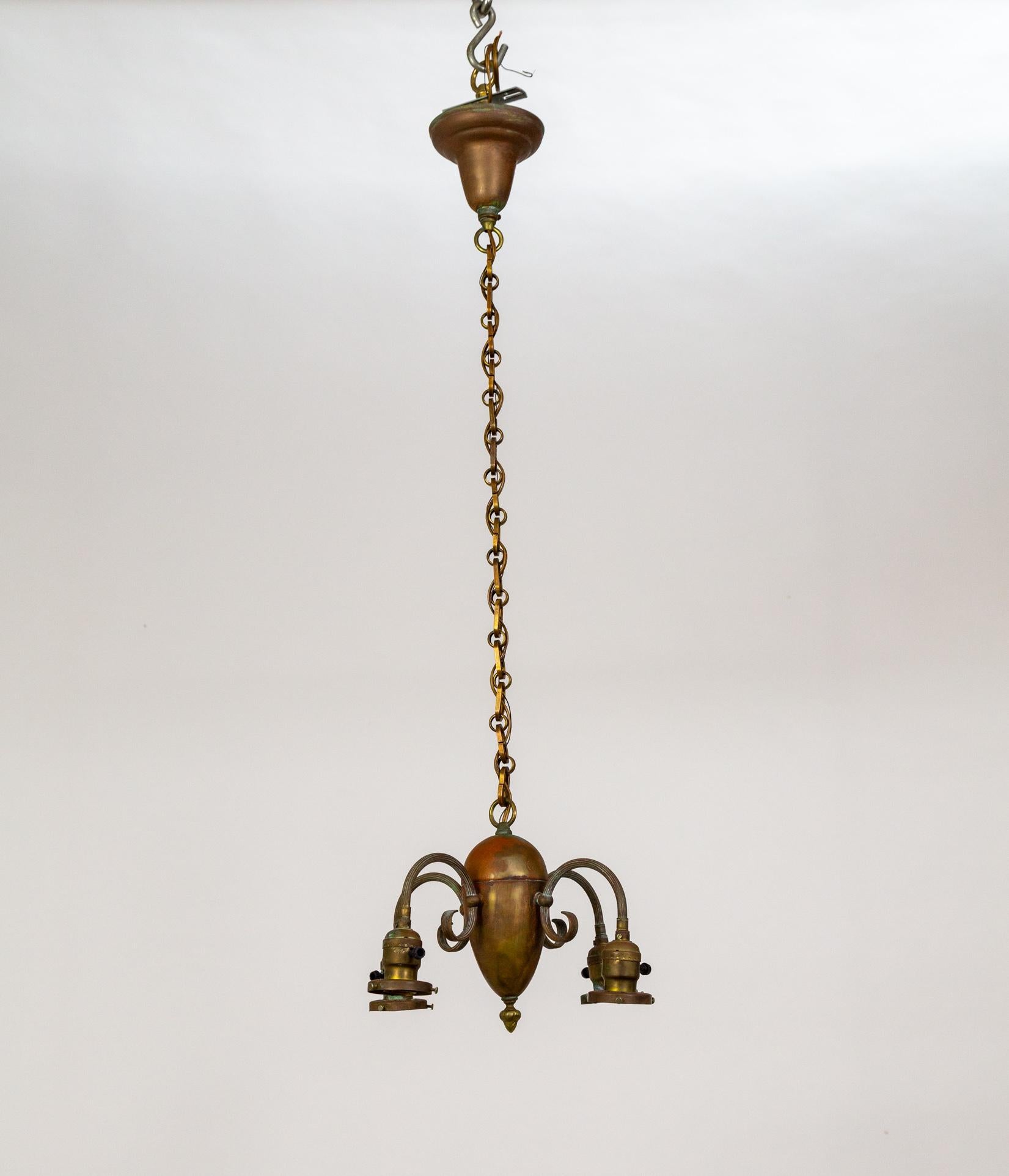 4-Light Patinated Chandelier w/ Reeded C-Curve Arms & Etched Shades In Good Condition For Sale In San Francisco, CA