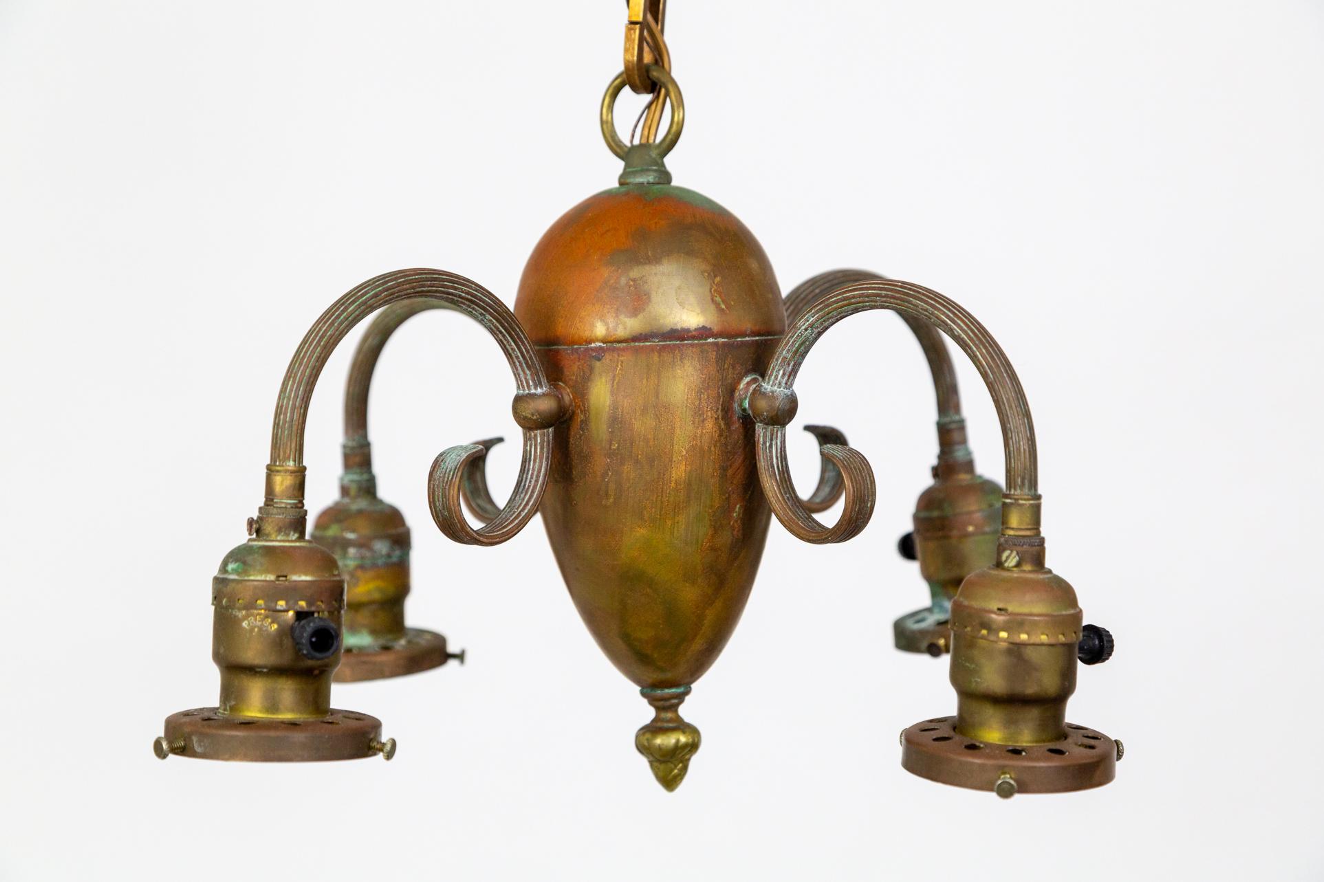 Early 20th Century 4-Light Patinated Chandelier w/ Reeded C-Curve Arms & Etched Shades For Sale