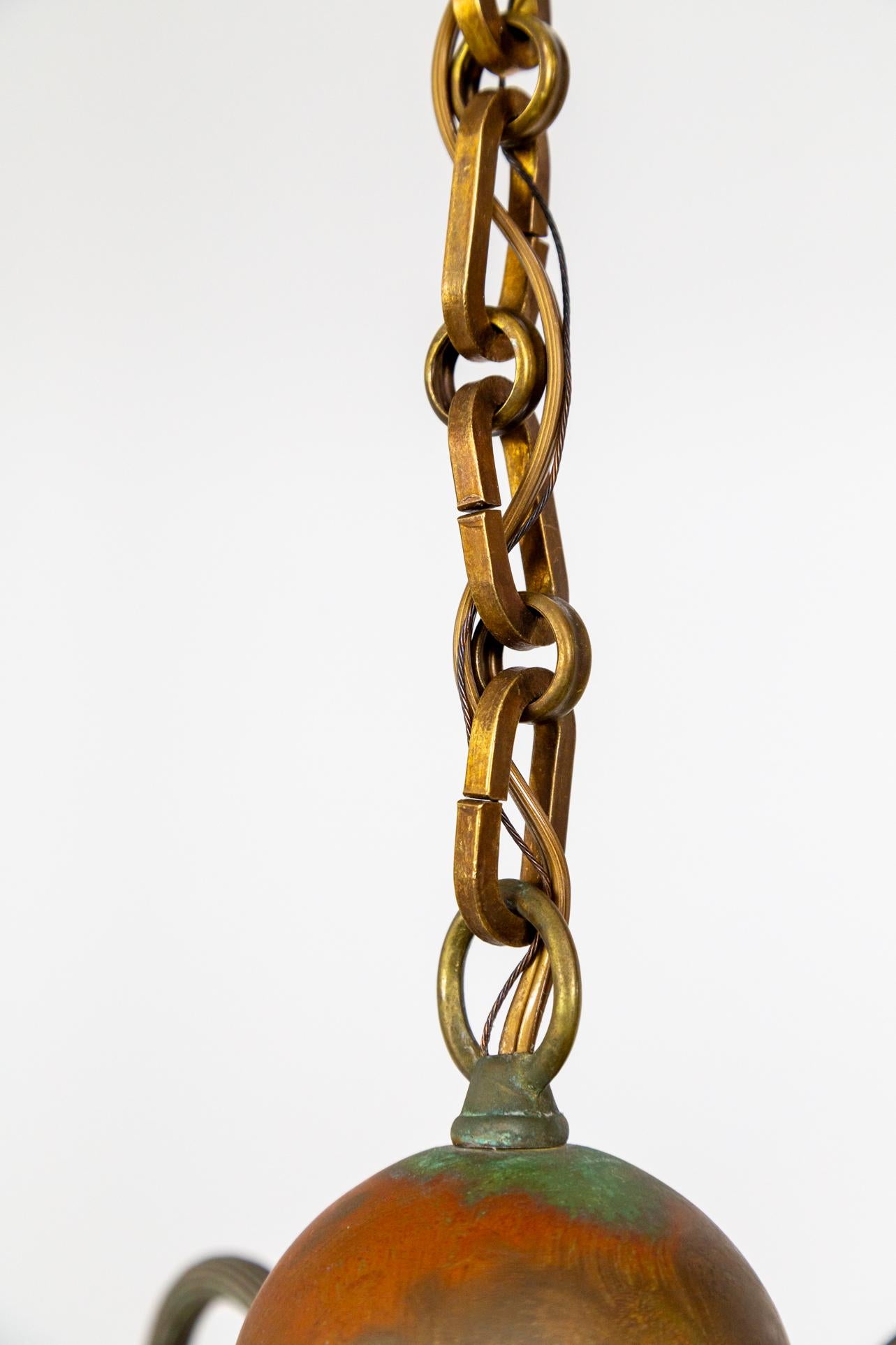 Brass 4-Light Patinated Chandelier w/ Reeded C-Curve Arms & Etched Shades For Sale