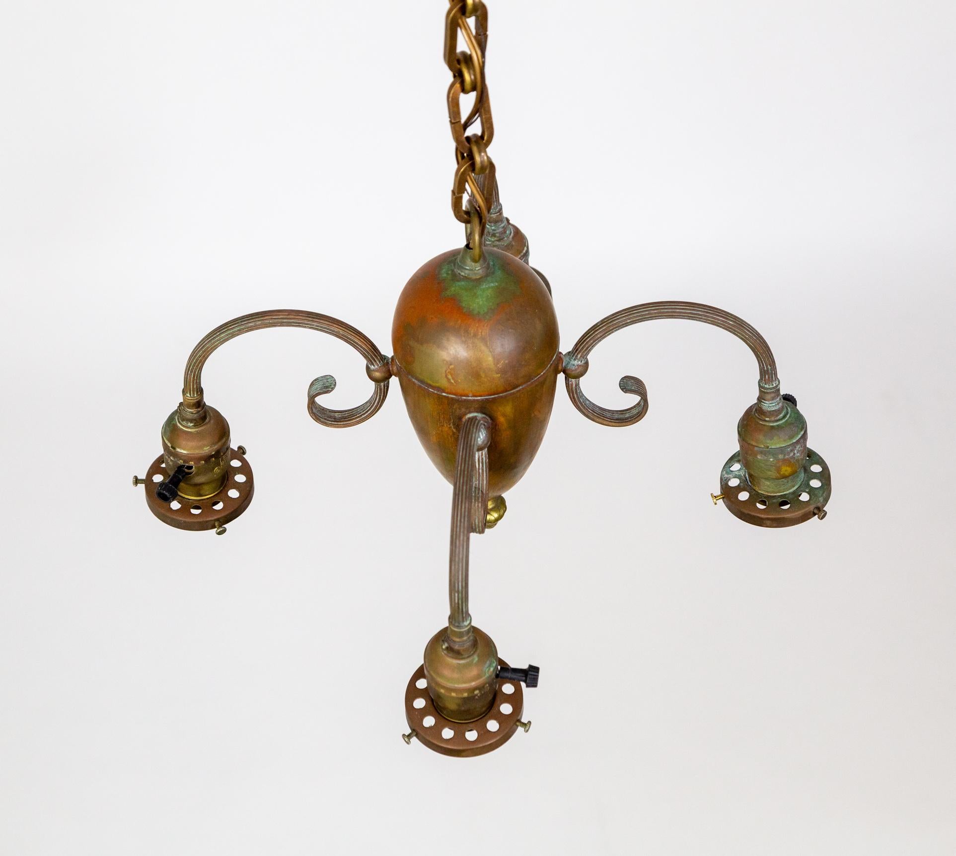 4-Light Patinated Chandelier w/ Reeded C-Curve Arms & Etched Shades For Sale 1