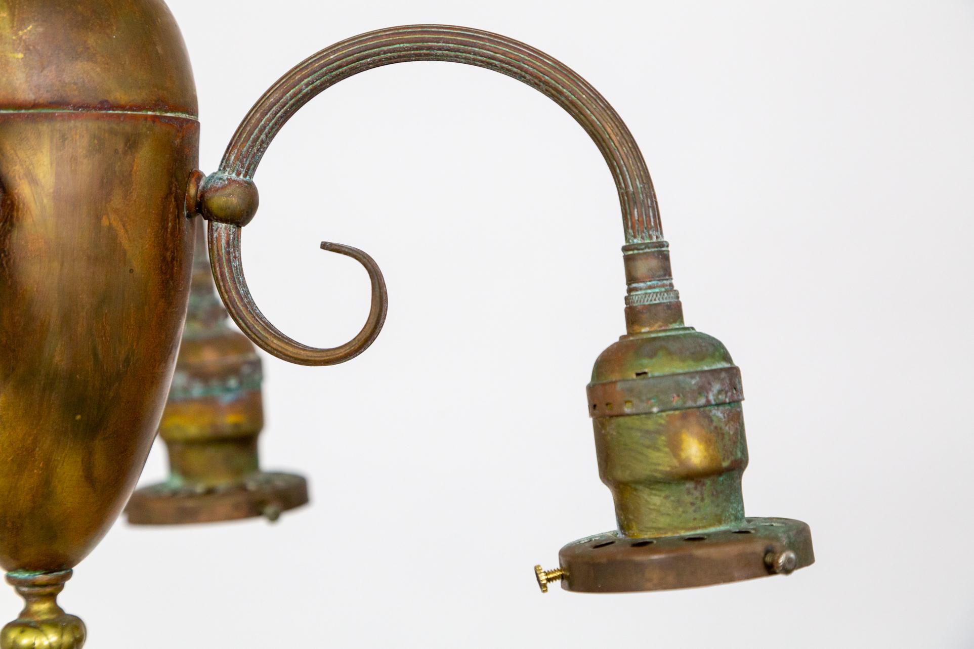 4-Light Patinated Chandelier w/ Reeded C-Curve Arms & Etched Shades For Sale 2