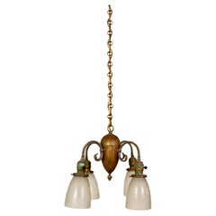 Antique 4-Light Patinated Chandelier w/ Reeded C-Curve Arms & Etched Shades