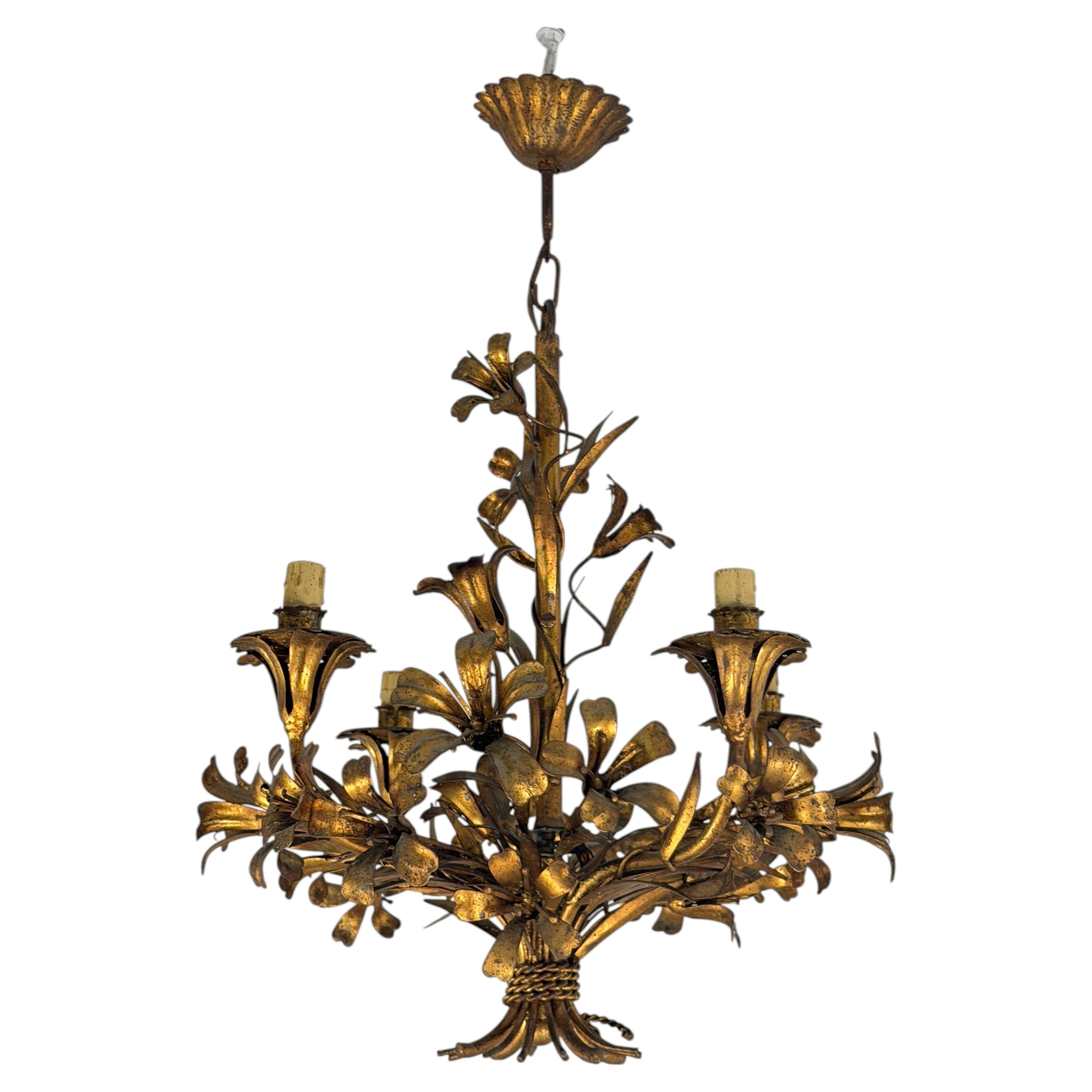 4-light wrought iron Chandelier, gold-colored, Made in Italy, 1950 For Sale