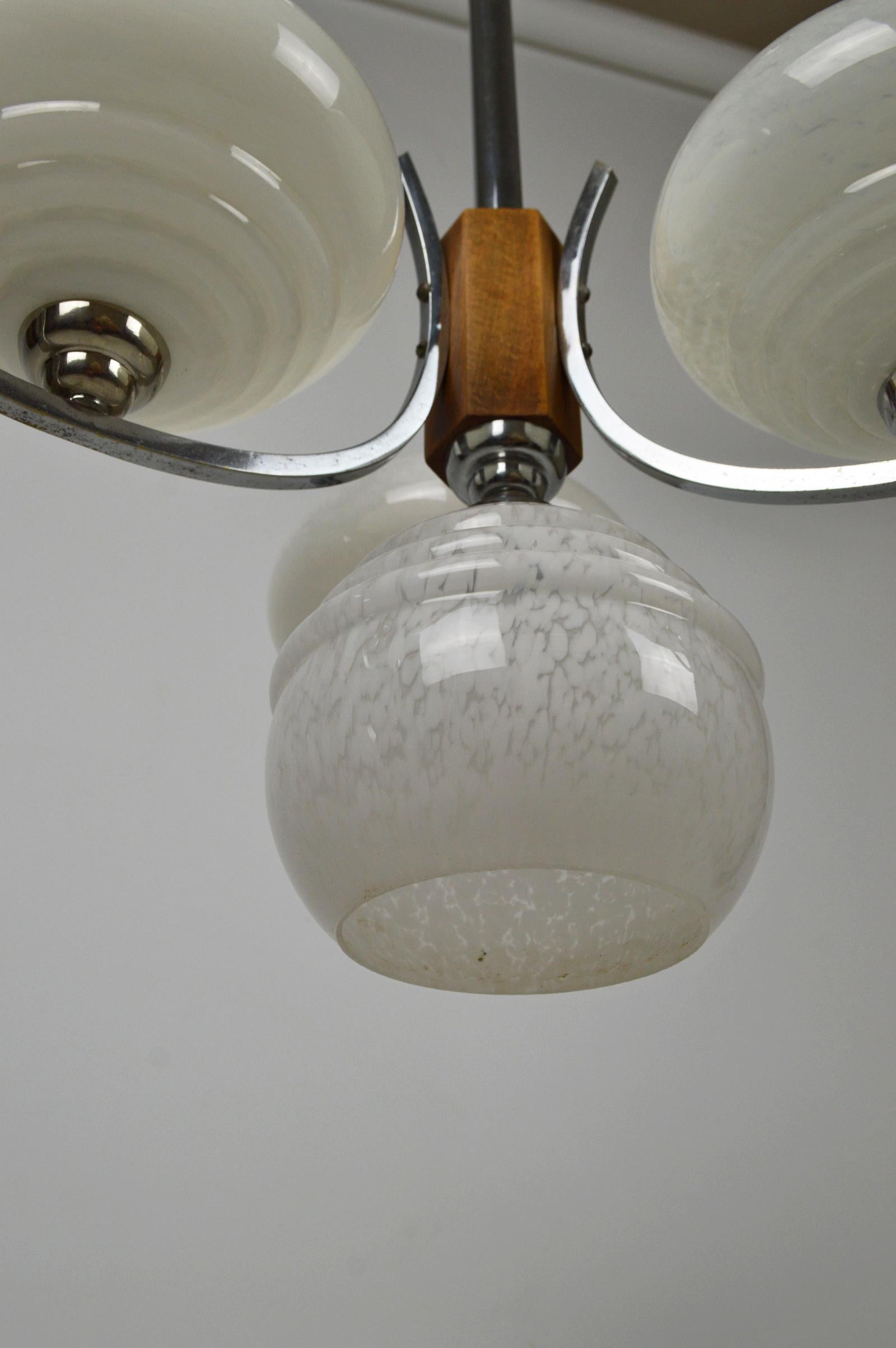 Lustre moderniste à 4 éclairages en laiton chromé, France, vers 1940 en vente 4