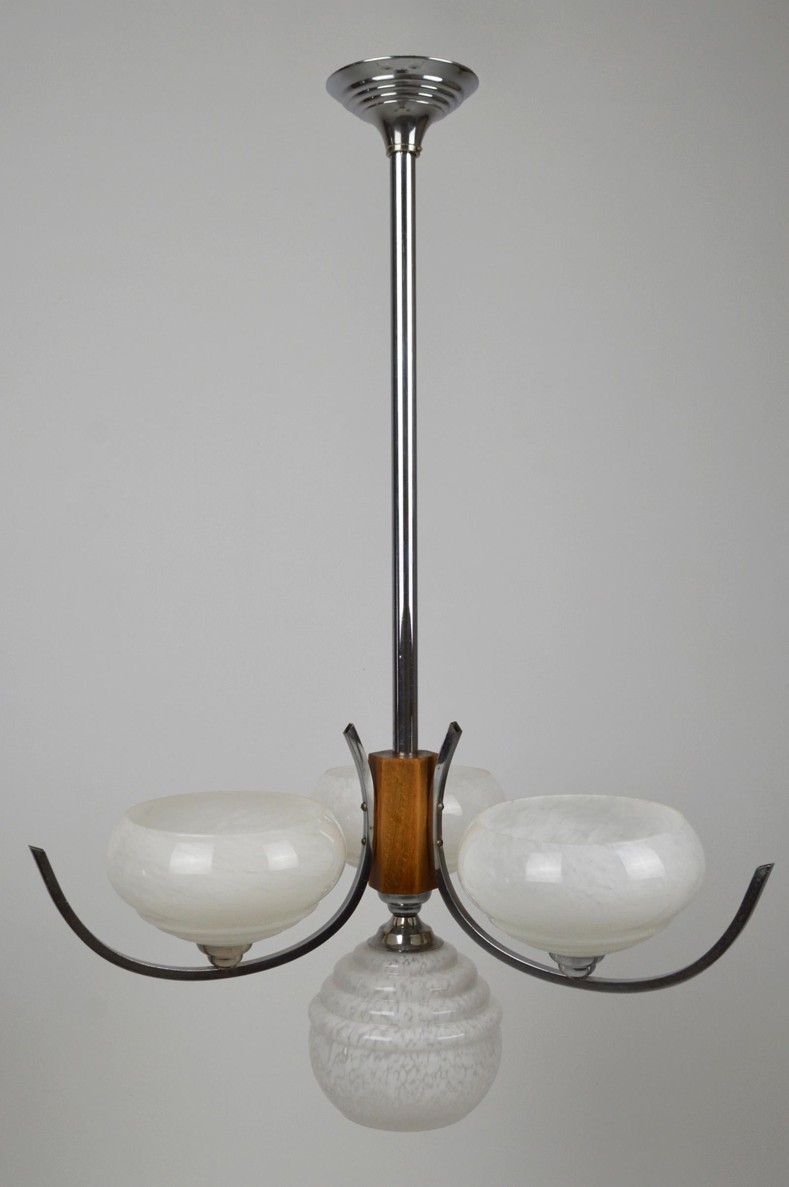 Mid-Century Modern Lustre moderniste à 4 éclairages en laiton chromé, France, vers 1940 en vente