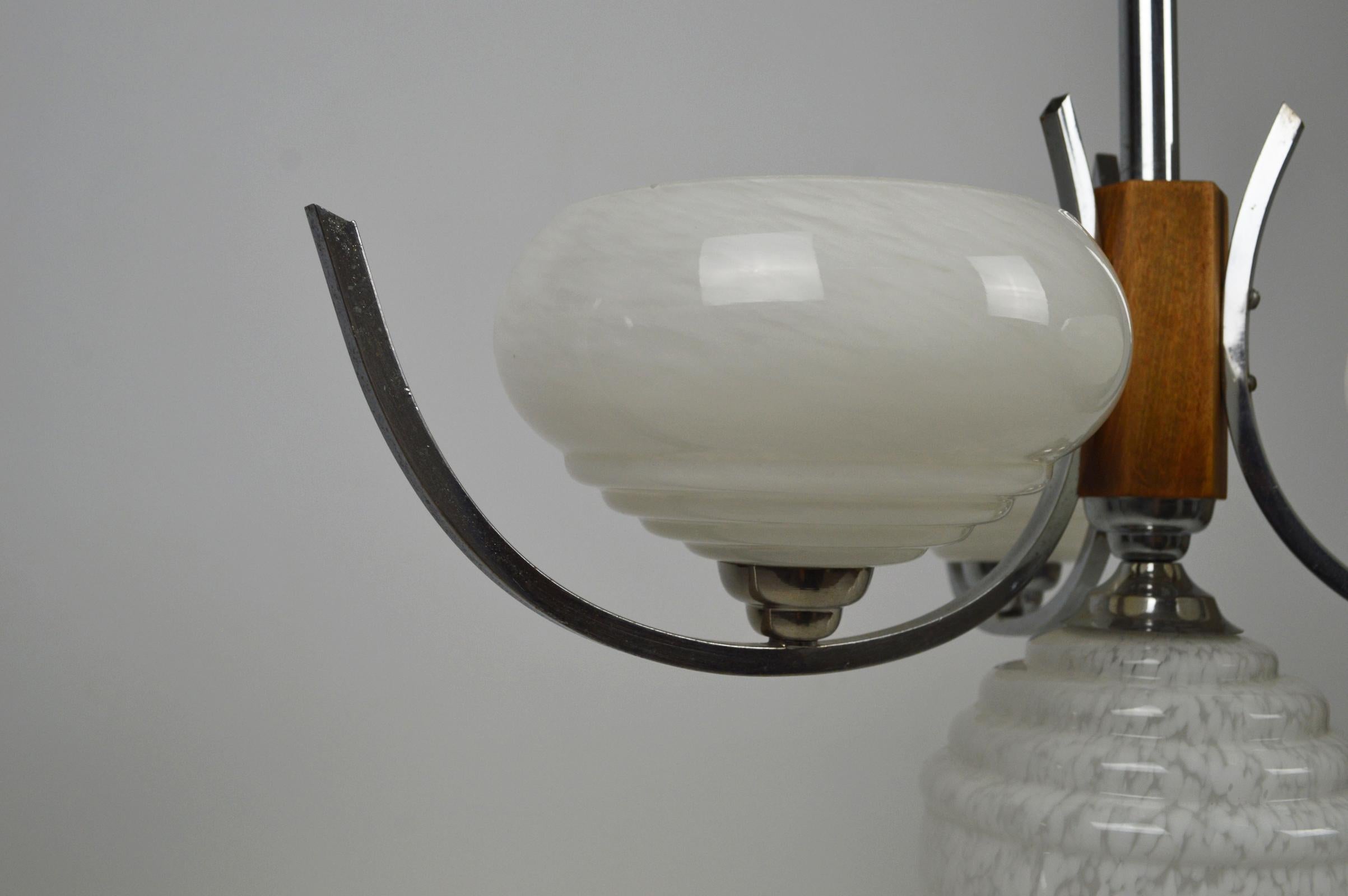 Laiton Lustre moderniste à 4 éclairages en laiton chromé, France, vers 1940 en vente