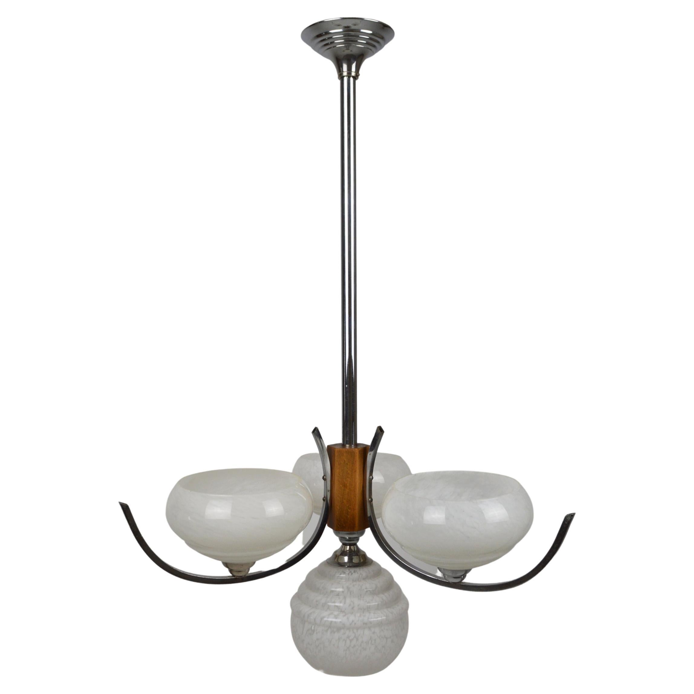 4-Lights Modernist Chandelier in Chromed Brass, France, circa 1940 For Sale