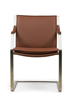 4 "Lissabon" / Moderne Sessel aus braunem Leder und poliertem Metall in Silber