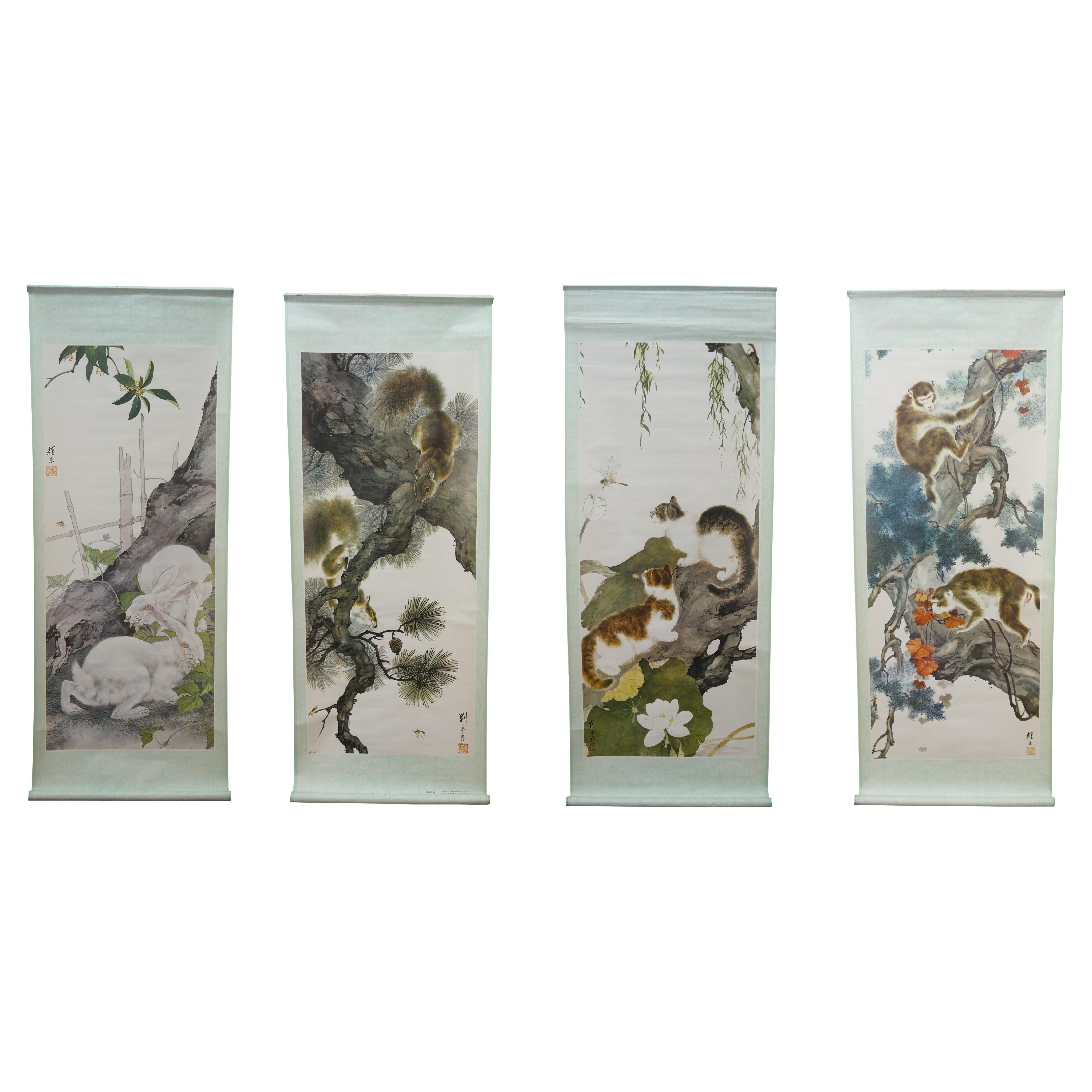 4 Liu Kuiling Beasts Hanging Scrolls Cats Monkeys Rabbits Squirrels 38"