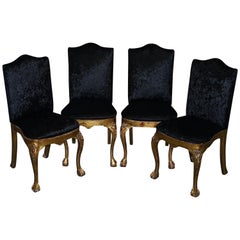 4 sedie da pranzo Louis Philippe in oro dorato e velluto nero imbottite con Ball and Ball