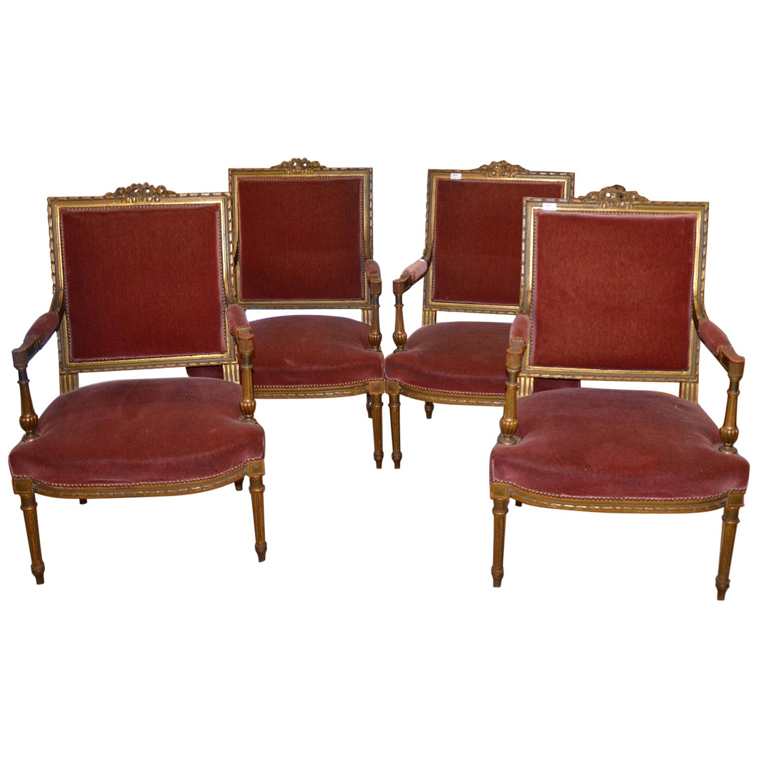 4 Louis XVI Style Chairs, Napoleon III Period, Partially Gilded For Sale