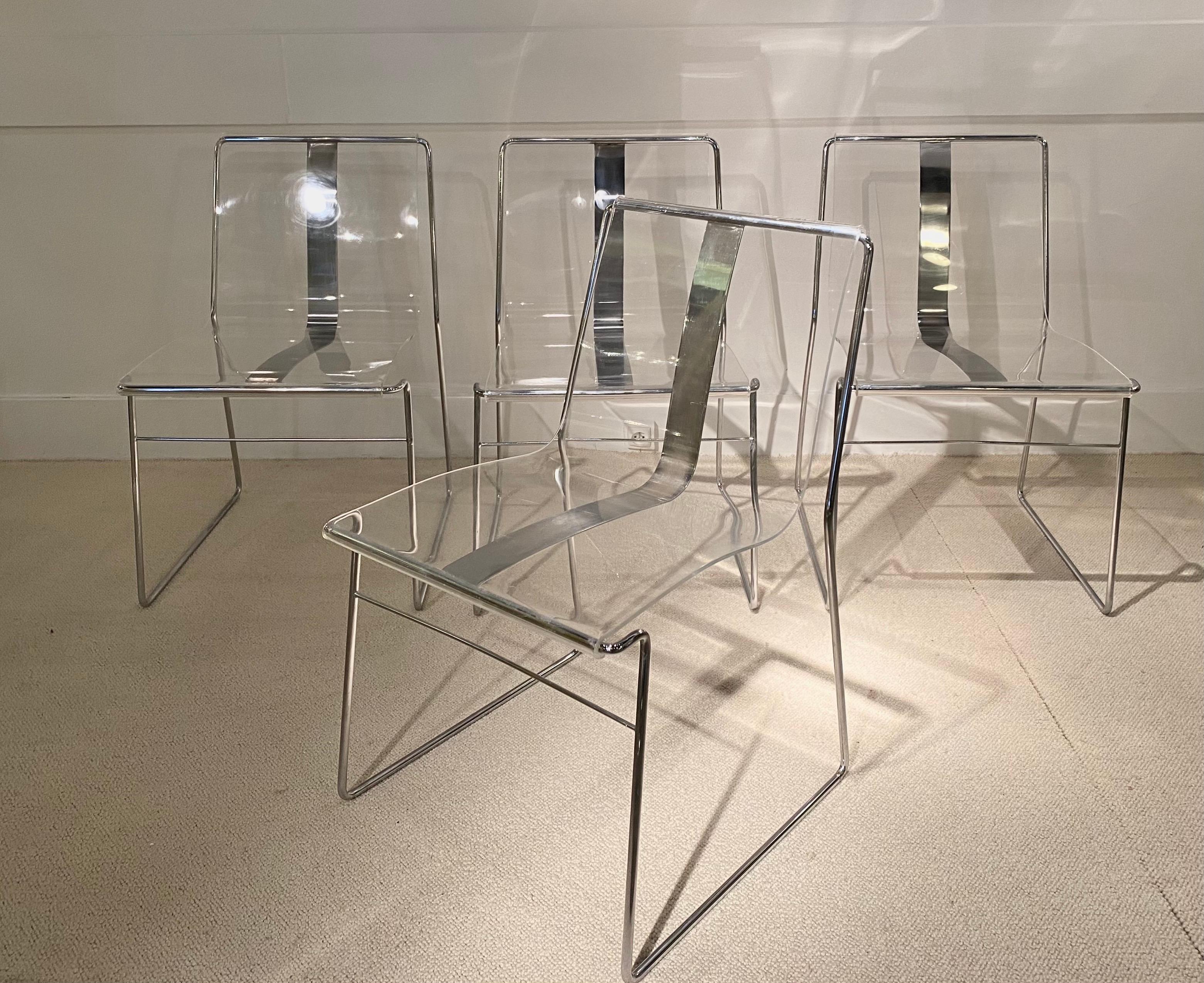4 transparent lucite chairs with chrome structure
Designed by Jacques Charpertier, circa 1970.
Small production retailed and produced By Jacques Charpentier.
Good condition.
