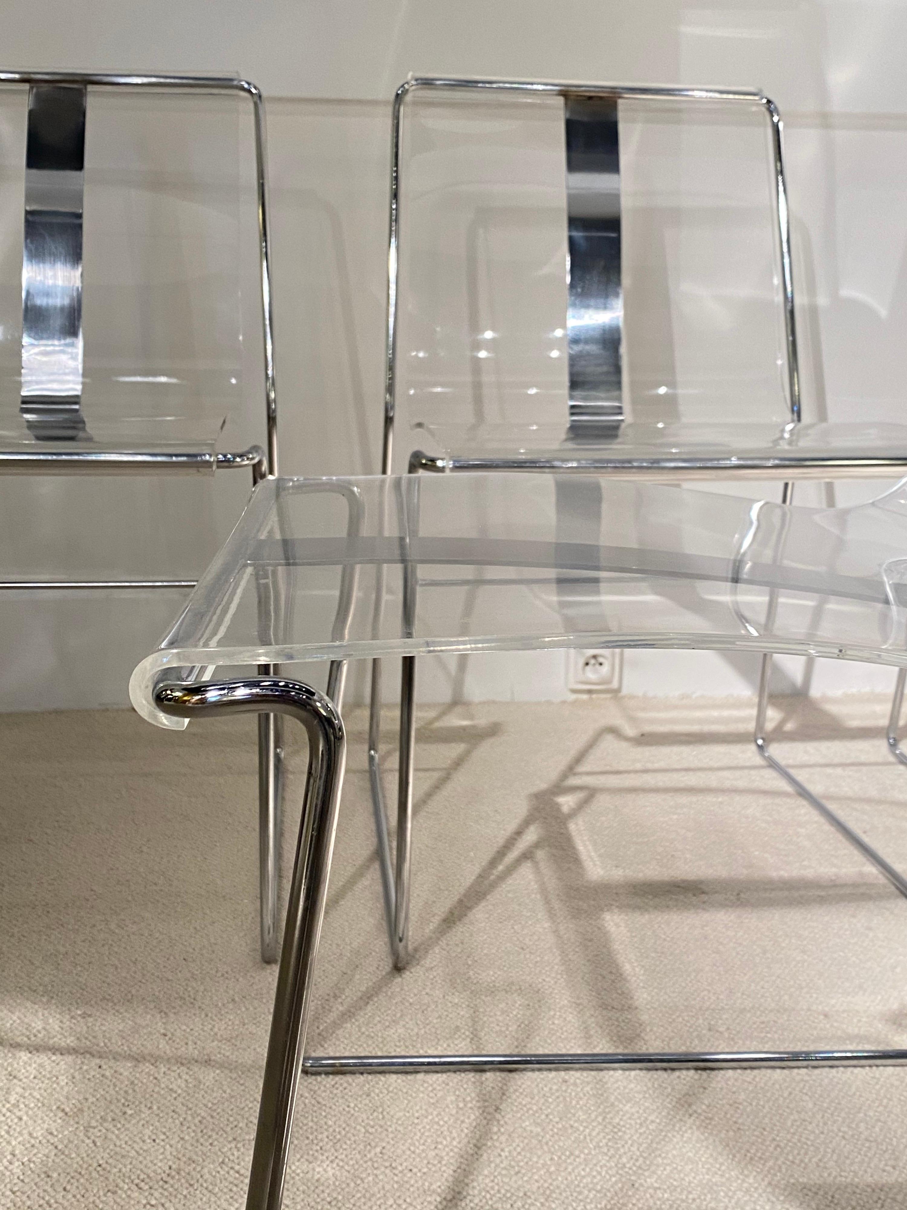 Chrome 4 Lucite Chairs by Jacques Charpentier