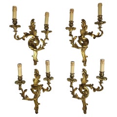 4 Maison Gau Louis XV Style Gilded Bronze Double Arm Wall Sconces, Electrified
