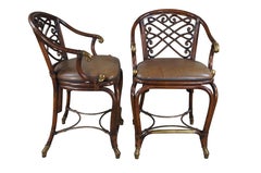 4 Maitland Smith Faux Bamboo Brass & Leather Bohemian Modern Counter Bar Stools