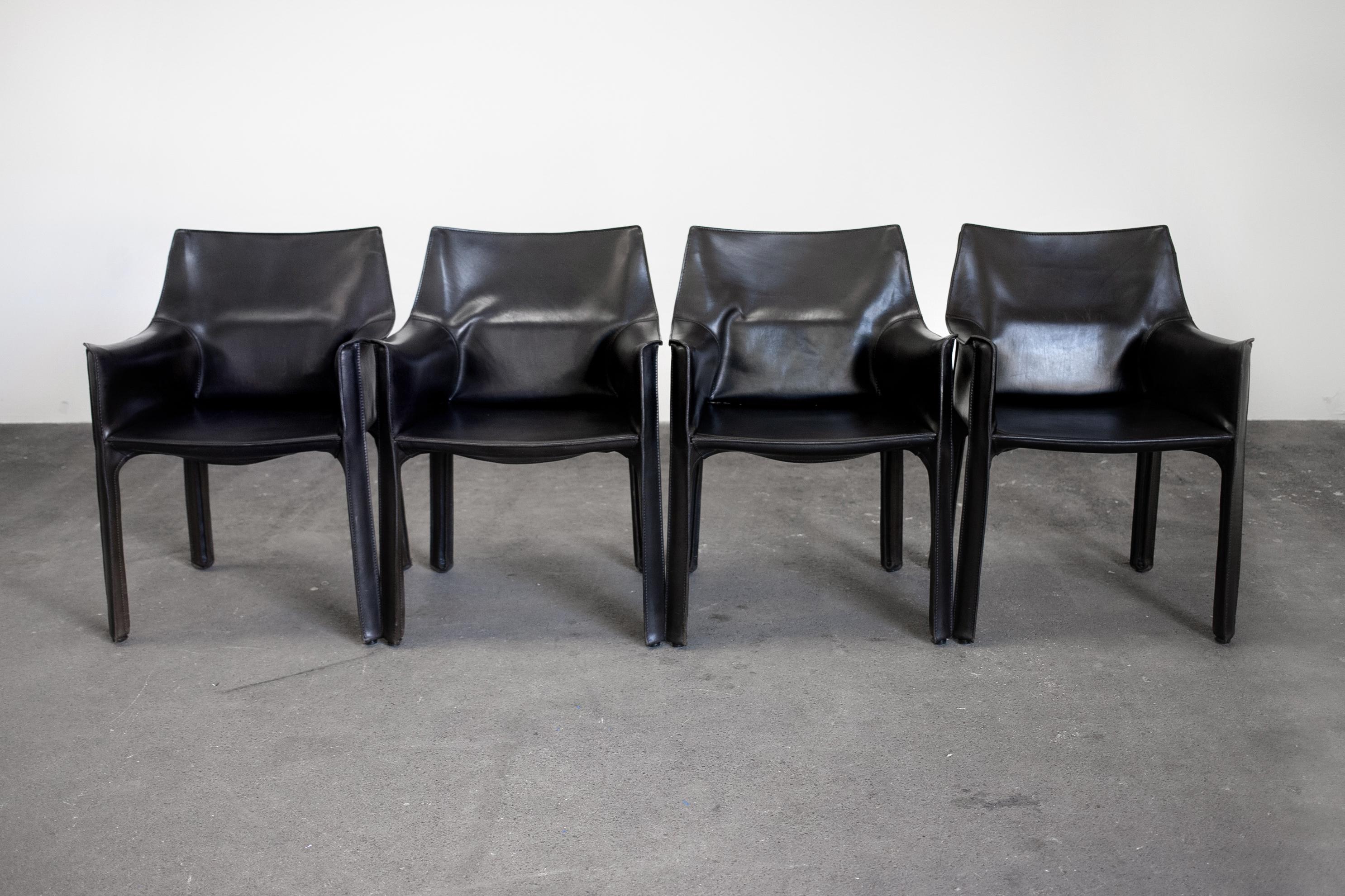 Mid-Century Modern 4 Mario Bellini CAB 413 Armchairs in Vintage Black Leather for Cassina
