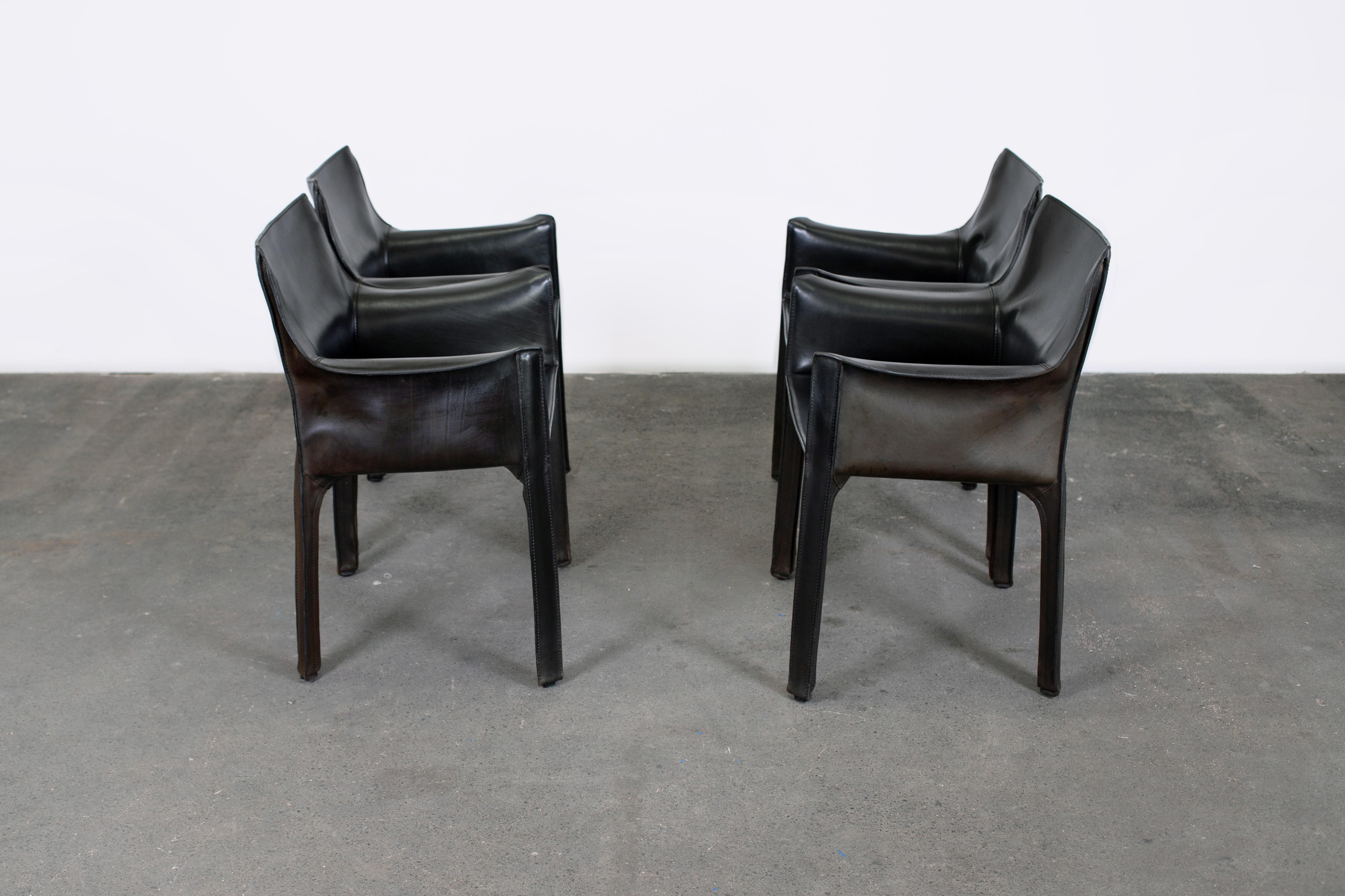 Italian 4 Mario Bellini CAB 413 Armchairs in Vintage Black Leather for Cassina