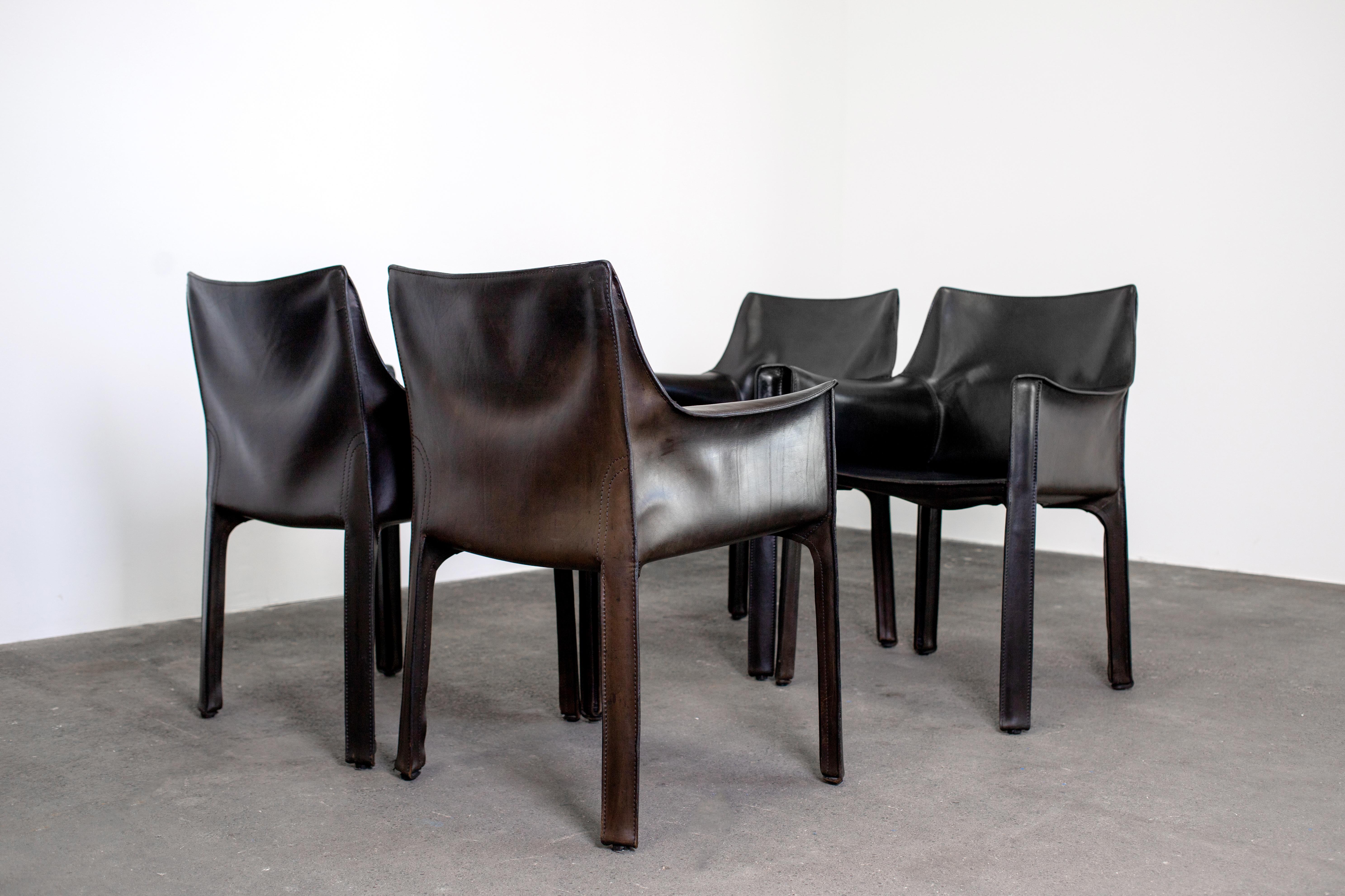 4 Mario Bellini CAB 413 Armchairs in Vintage Black Leather for Cassina 1