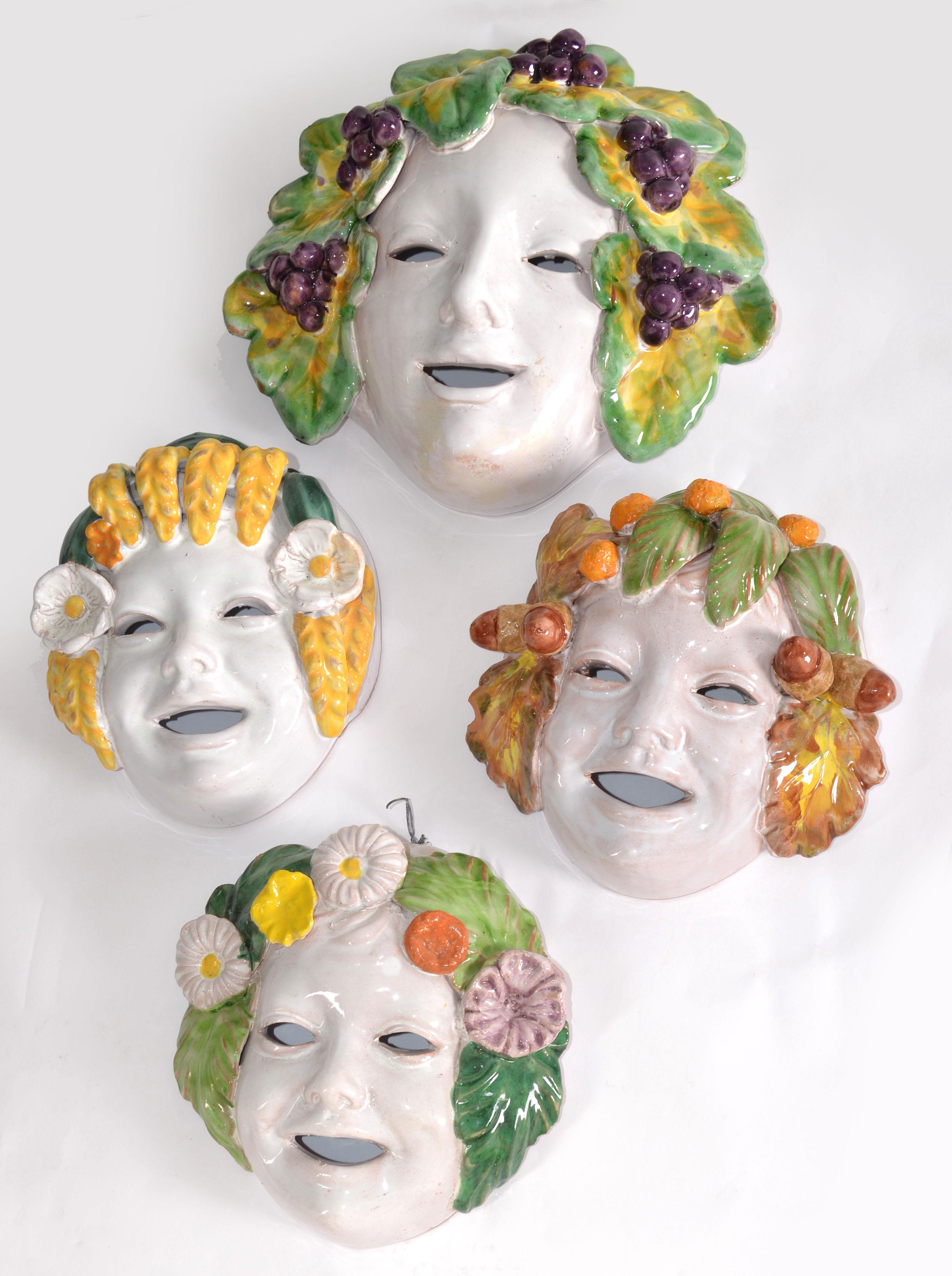 4 masques muraux vintage en céramique de majolique peints à la main, Italie Cottura  en vente 6