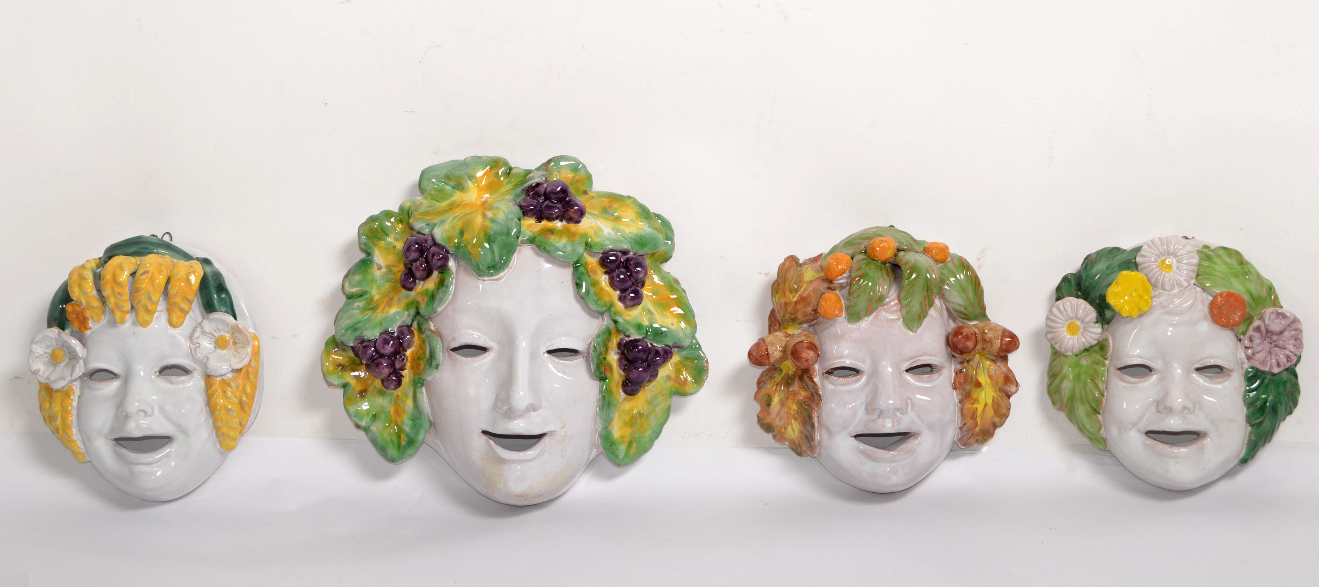 Folk Art 4 Marked Vintage Majolica Ceramic Pottery Wall Masks Italy Cottura Hand Painted  For Sale