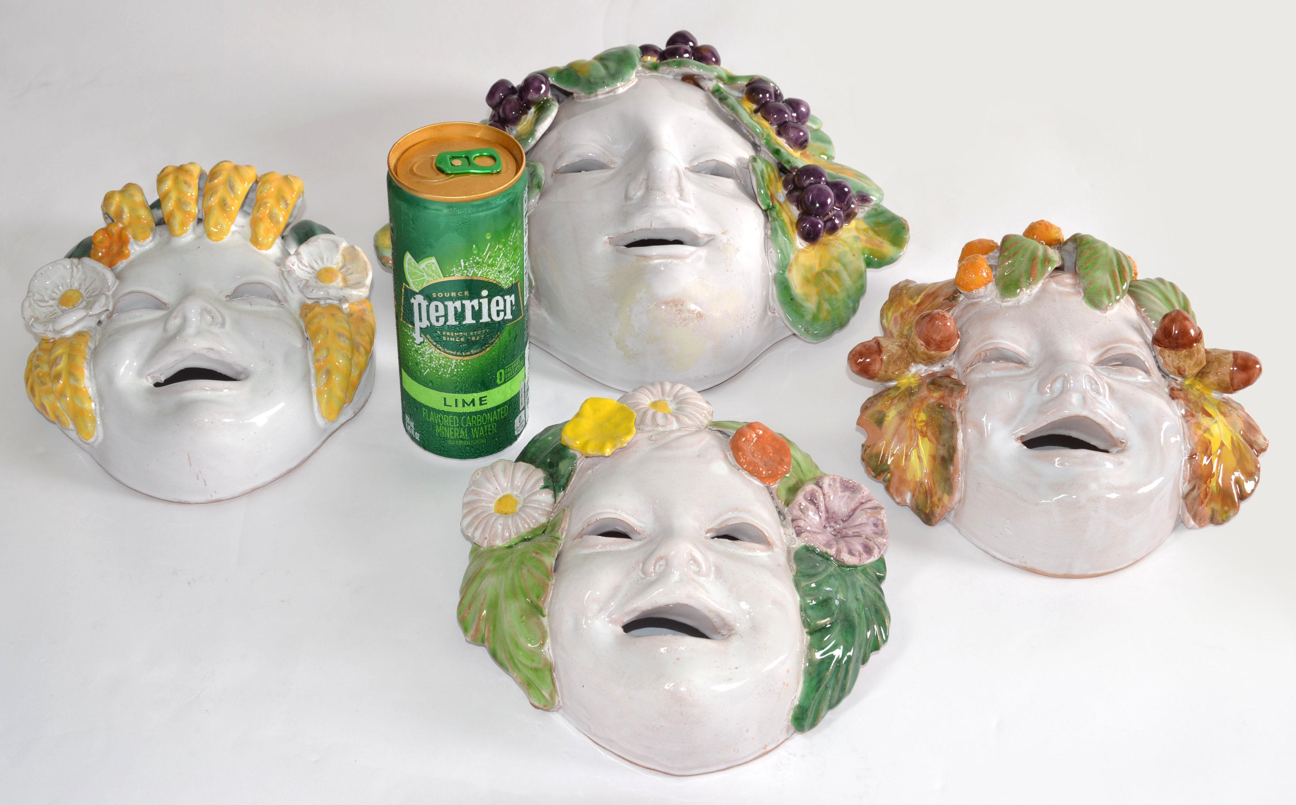 4 Marked Vintage Majolica Ceramic Pottery Wall Masks Italy Cottura Hand Painted  For Sale 2