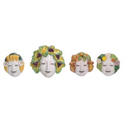 4 masques muraux vintage en céramique de majolique peints à la main, Italie Cottura 