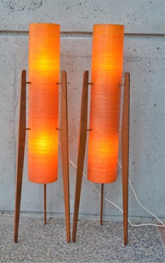 2 MCM Teak Tripod Floor Lamps W/ Orange Fiberglass Shades-by Sir Terence Conran
