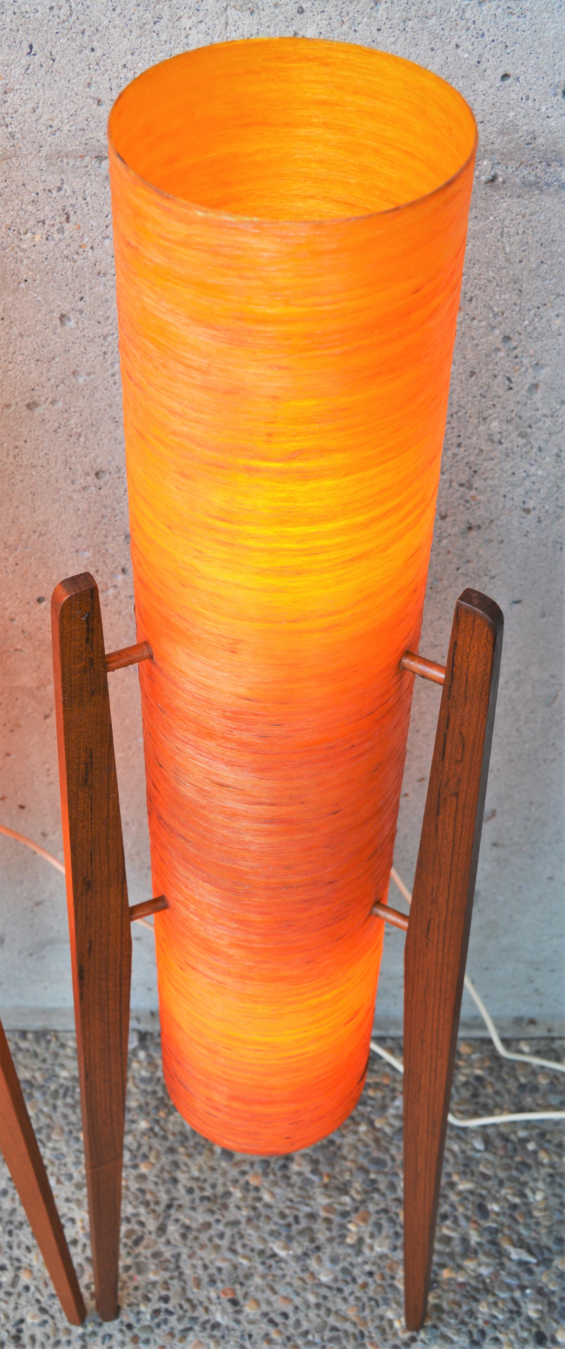 Mid-Century Modern 2 MCM Teak Tripod Floor Lamps W/ Orange Fiberglass Shades-by Sir Terence Conran