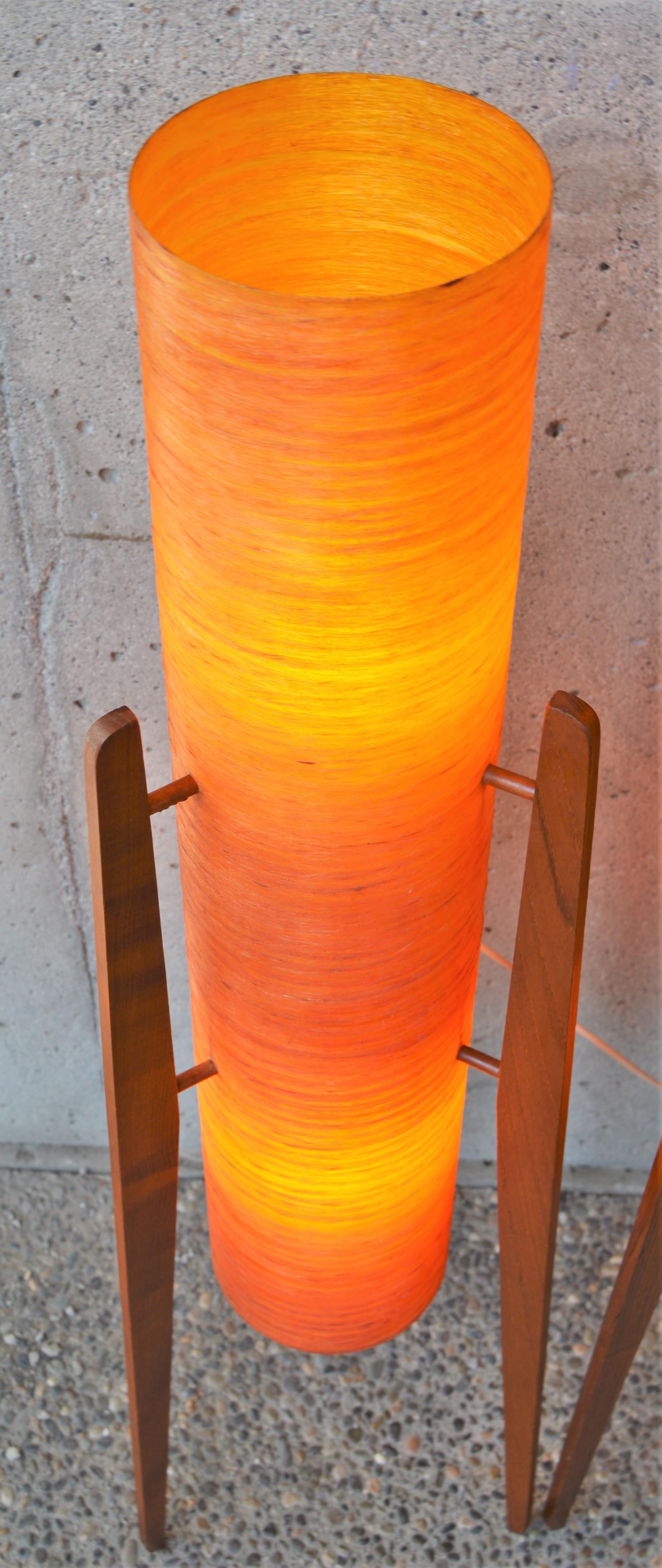 Czech 2 MCM Teak Tripod Floor Lamps W/ Orange Fiberglass Shades-by Sir Terence Conran